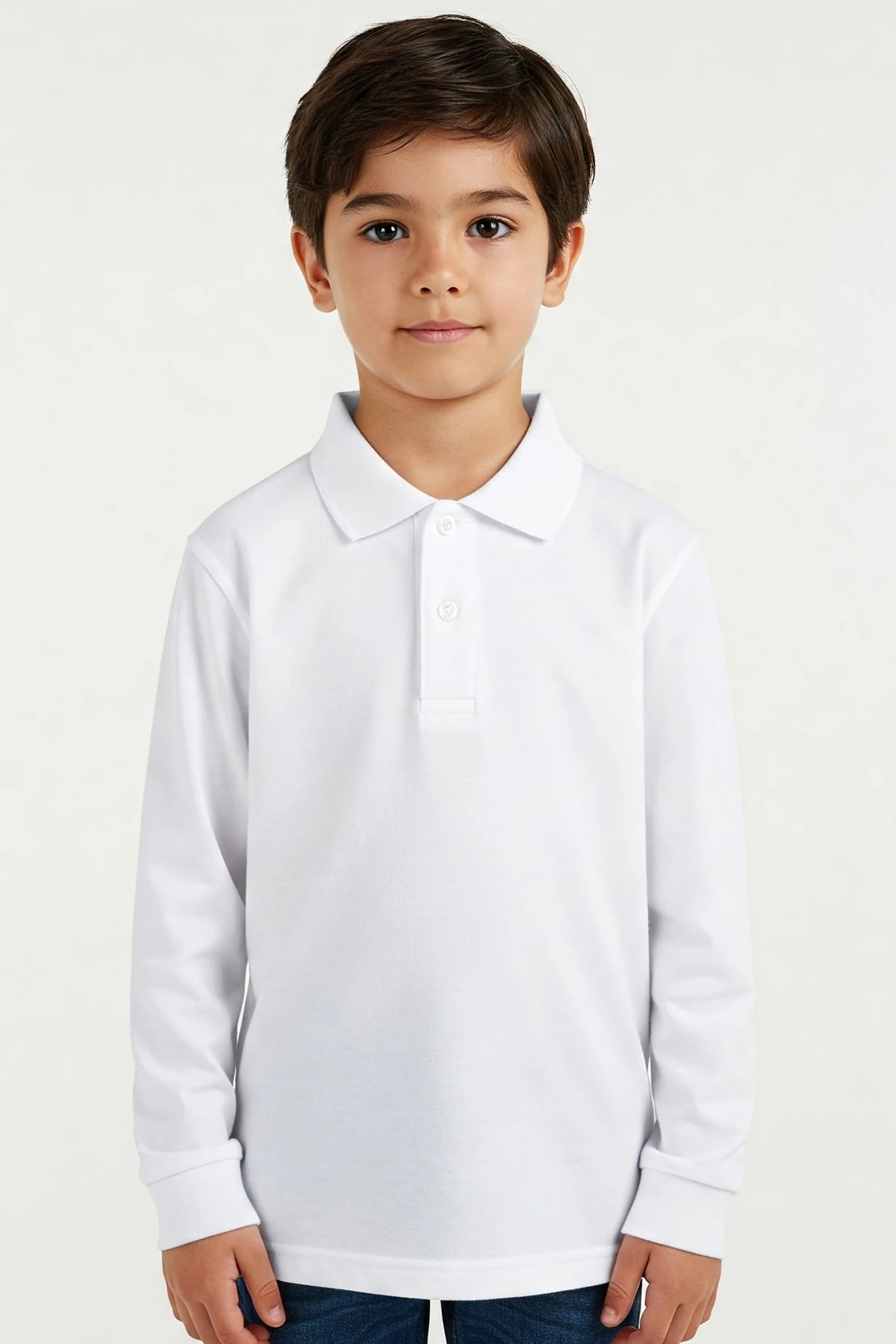 Polo Yaka Uzun Kol Beyaz Lakost Okul Tişört - beyaz