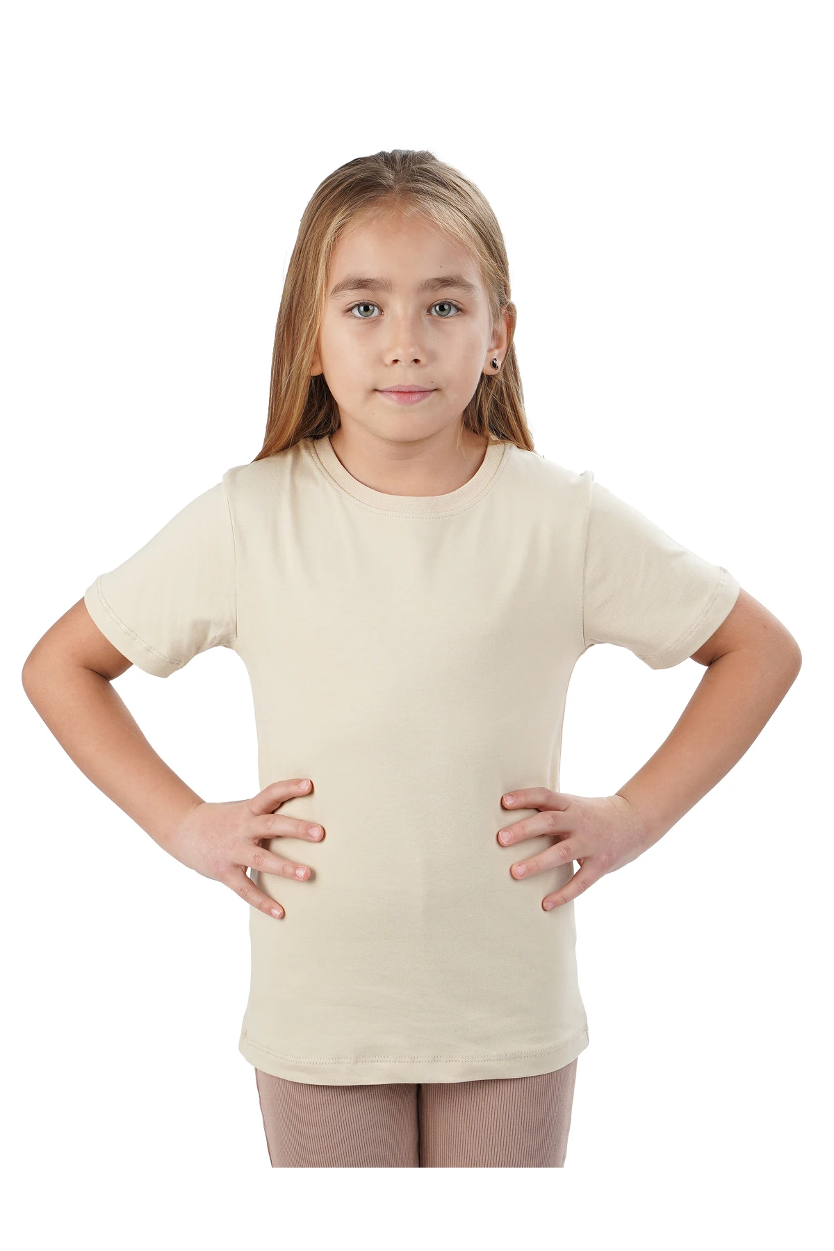 Unisex Kız Erkek Çocuk Badi Beyaz Kısakol Bisiklet Yaka Beyaz Tişört - bej