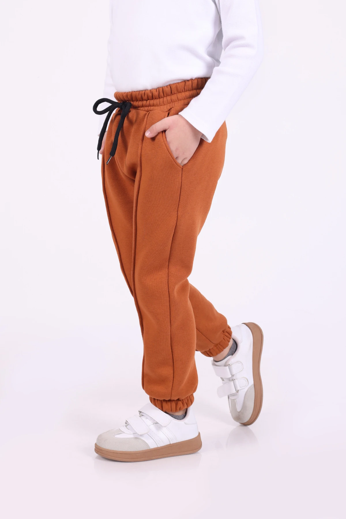 Kışlık İçi Polarlı 3 iplik Cepli Kız ve Erkek Çocuk Kahverengi Eşofman Altı