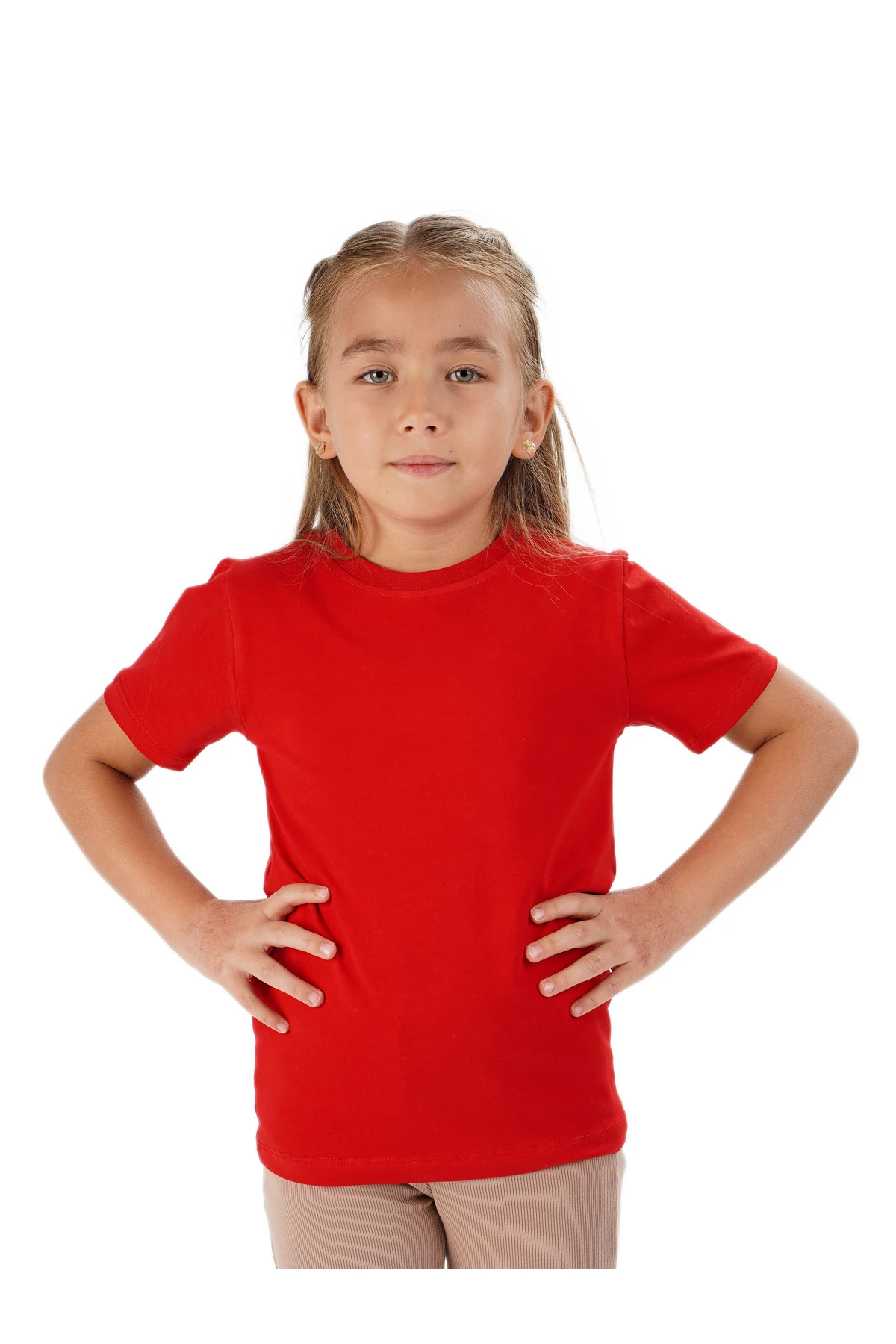 Unisex Kız Erkek Çocuk Badi Beyaz Kısakol Bisiklet Yaka Beyaz Tişört - kırmızı