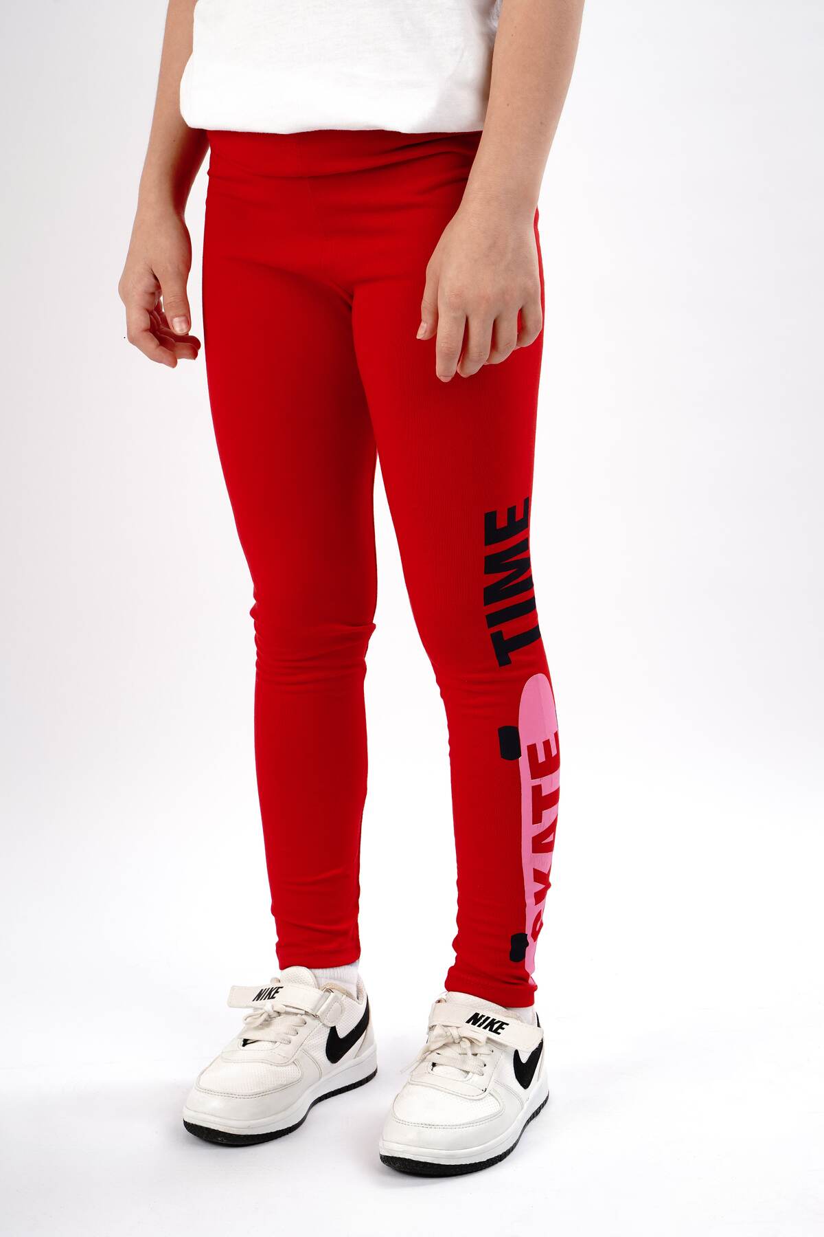 Kız çocuk tayt pamuklu likralı uzun tayt gri - kırmızı