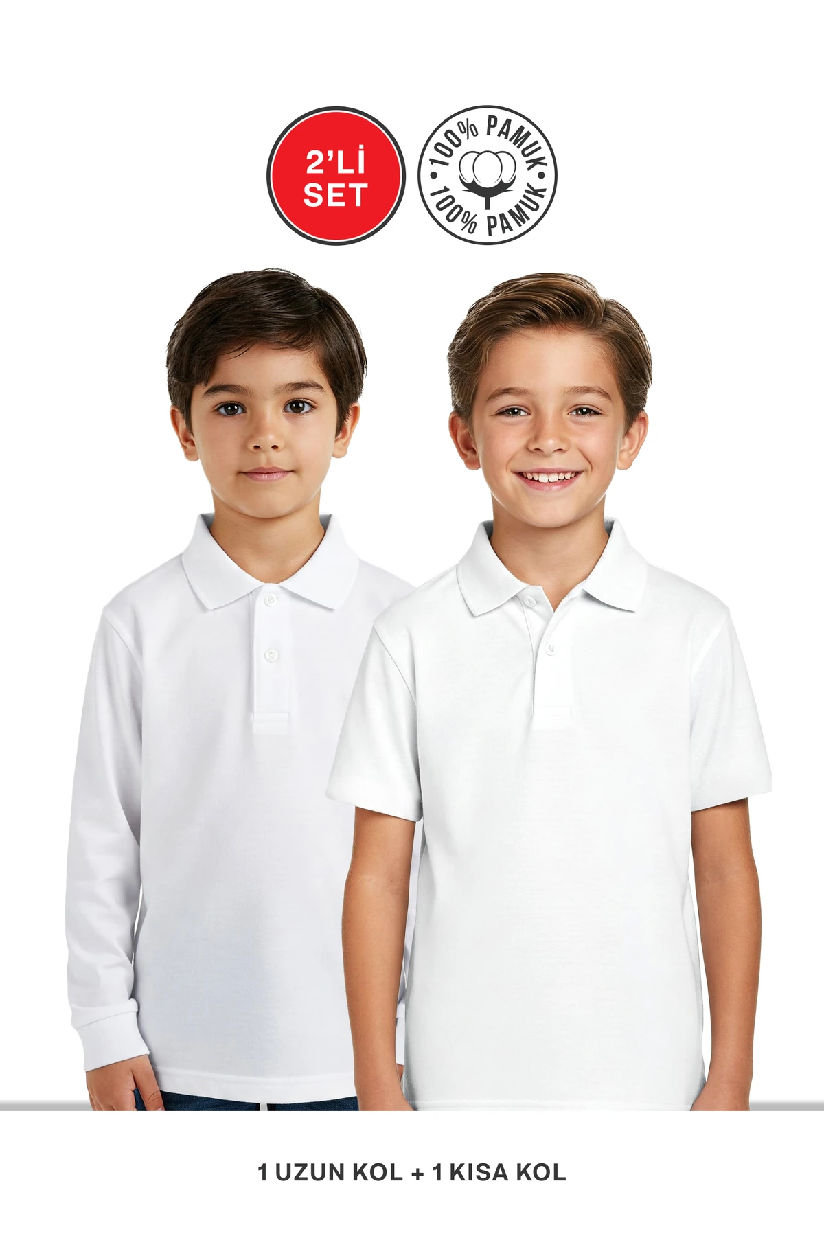 2 li Set Polo Yaka Uzun Kol ve Kısa Kol Beyaz Lakost Okul Tişört
