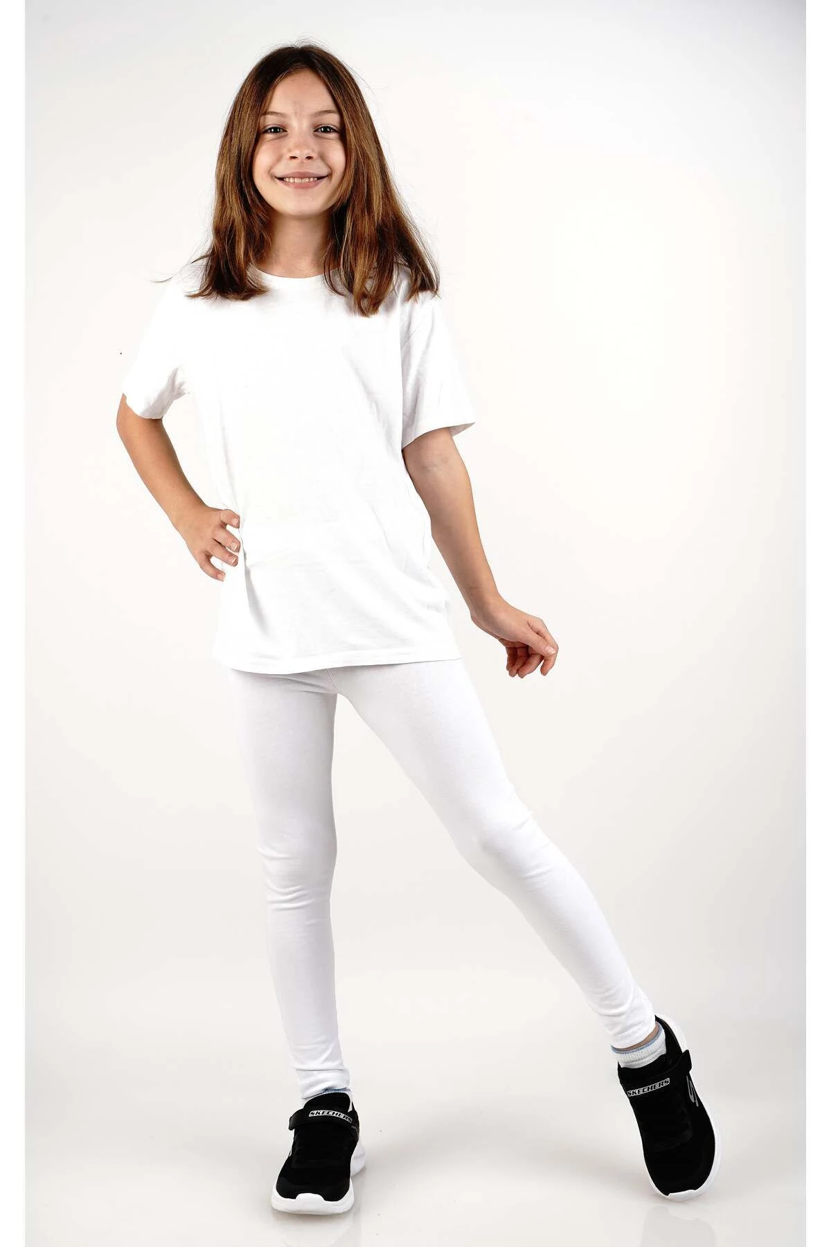 Kız çocuk uzun tayt likralı pamuklu antrasit - beyaz