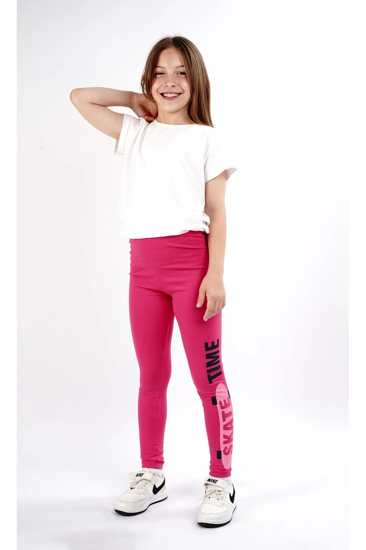 Kız çocuk tayt pamuklu likralı uzun tayt gri - fuşya