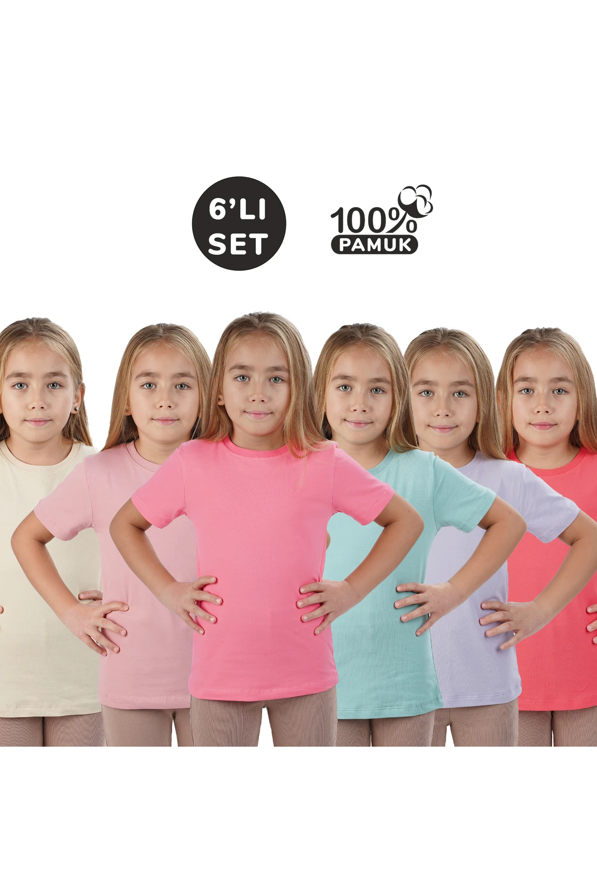 6 Lı Set Kısakol Bisiklet Yaka Mevsimlik Pamuk Tişört Badi(siyah Beyaz Bej Çağla  Gri Kırmızı ) - pembe nar lila pudra bej çağla yeşili