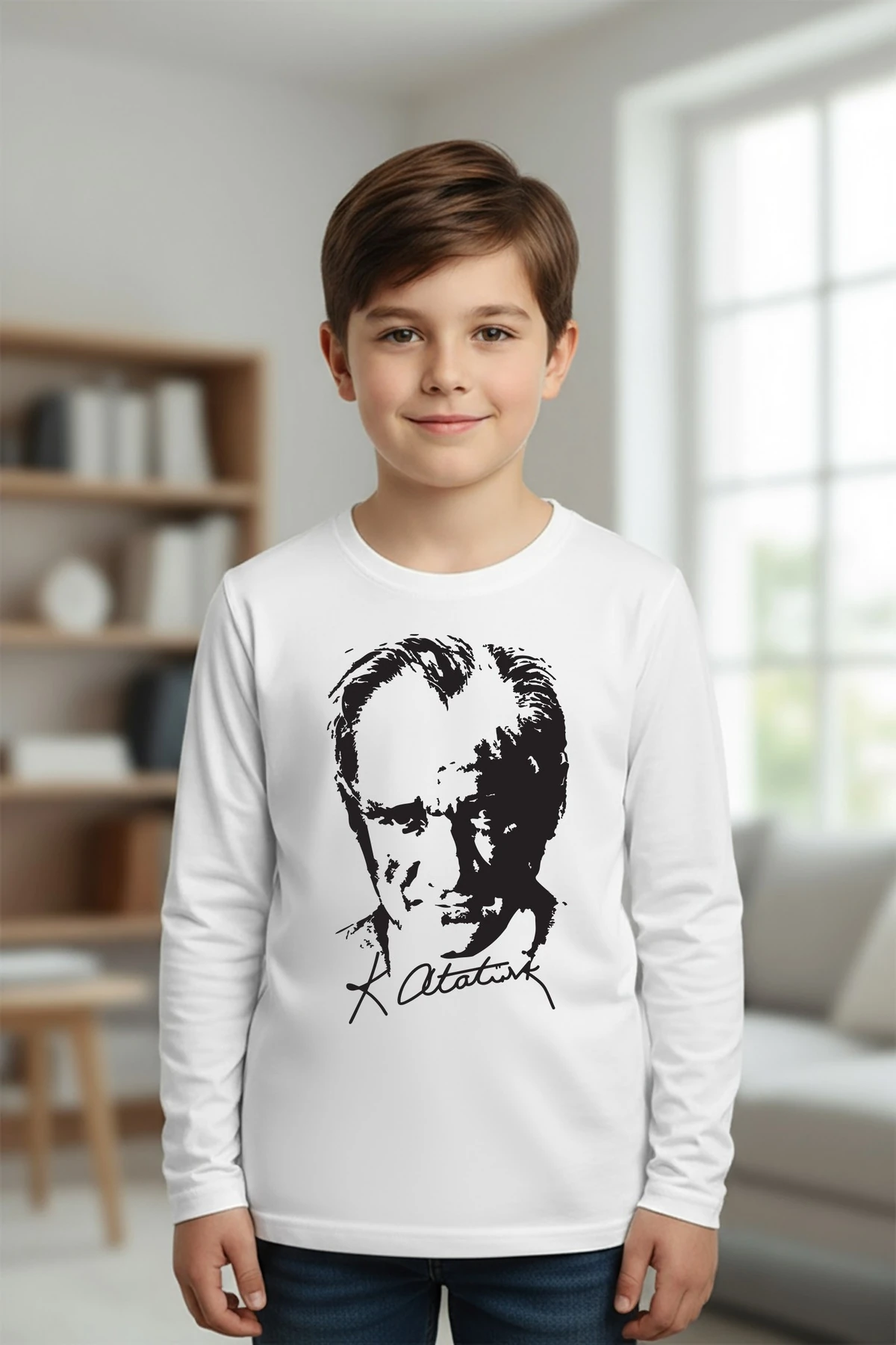 Atatürk Baskılı Beyaz Uzunkol Tişört (10 Kasım 29 Ekim 23 Nisan)