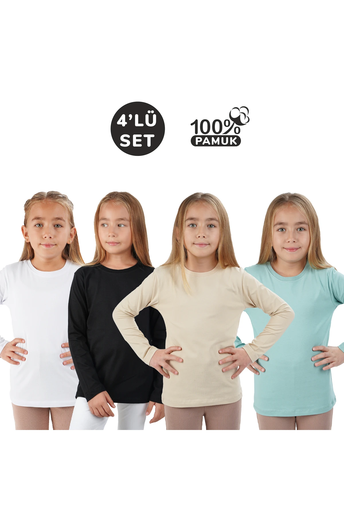 4 lü Set Uzunkol Bisiklet Yaka Mevsimlik Pamuk Tişört Badi (Beyaz  Siyah Bej Çağla Yeşili) - beyaz siyah bej çağla yeşili