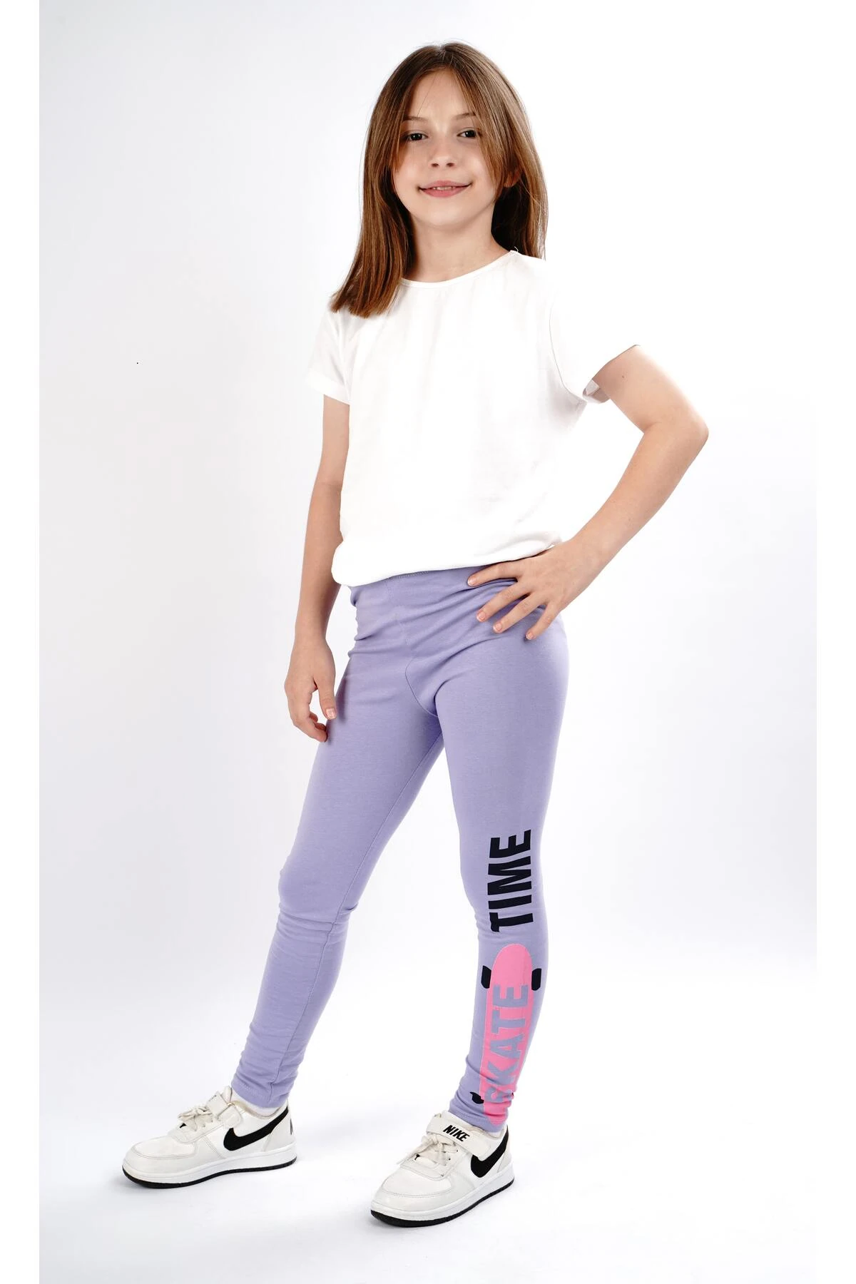 Kız çocuk tayt pamuklu likralı uzun tayt gri - lila