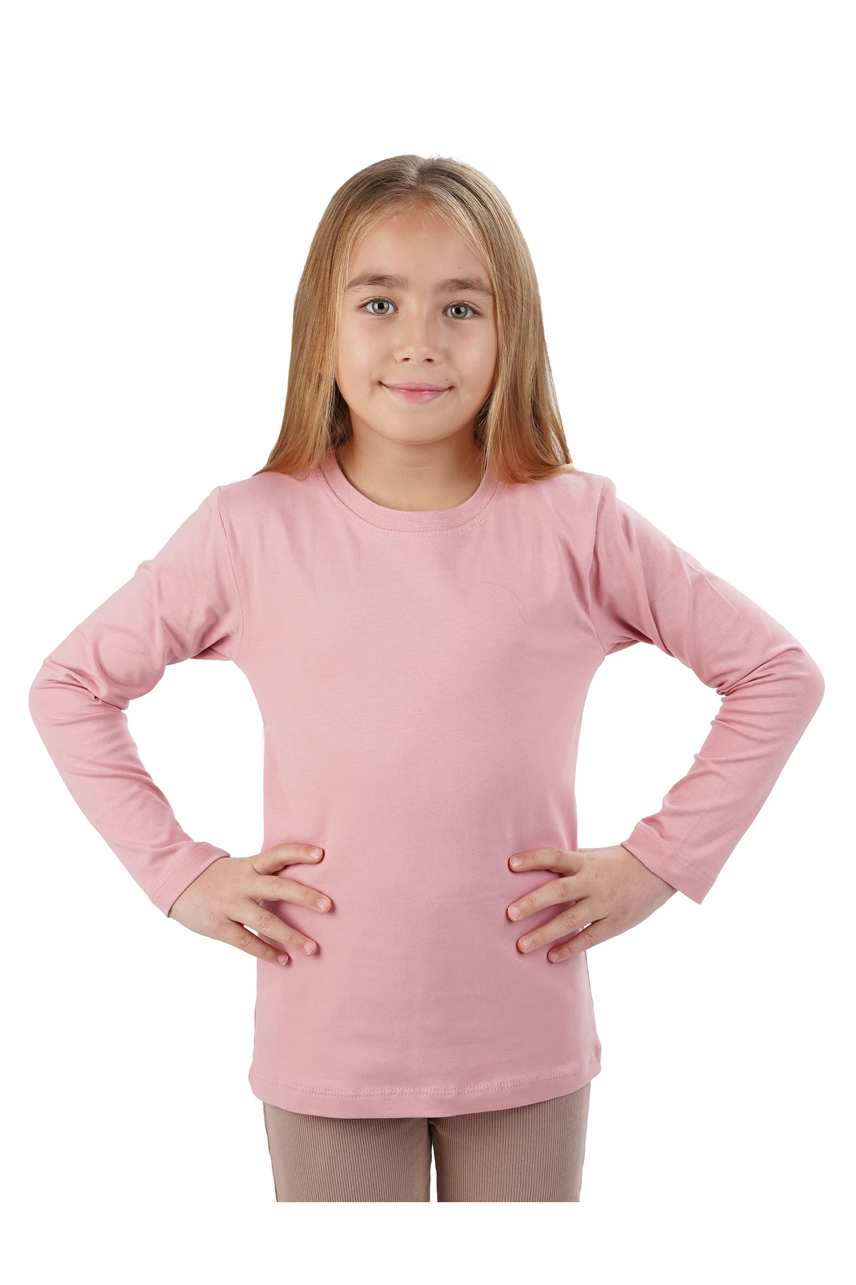 Unisex Kız Ve Erkek Çocuk Badi Bisiklet Yaka Uzun Kol Bej Tişört - koyu pudra