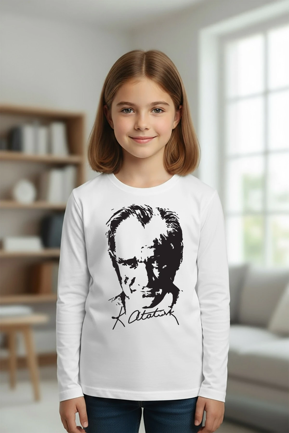 Atatürk Baskılı Beyaz Uzunkol Tişört (10 Kasım 29 Ekim 23 Nisan)