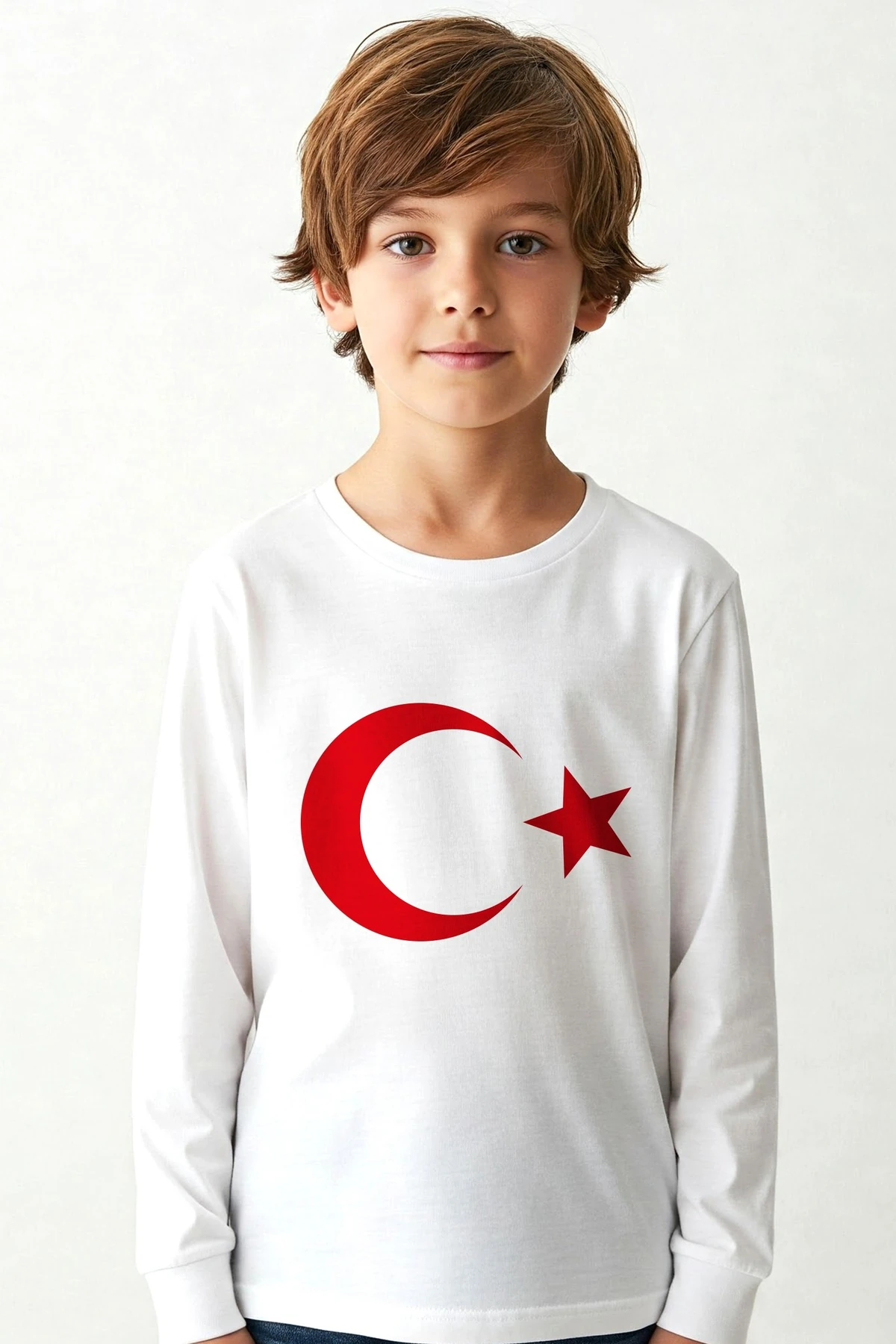Türk Bayrağı Ay Yıldız Baskılı Beyaz Uzunkol Tişört (23 Nisan  19 Mayıs)