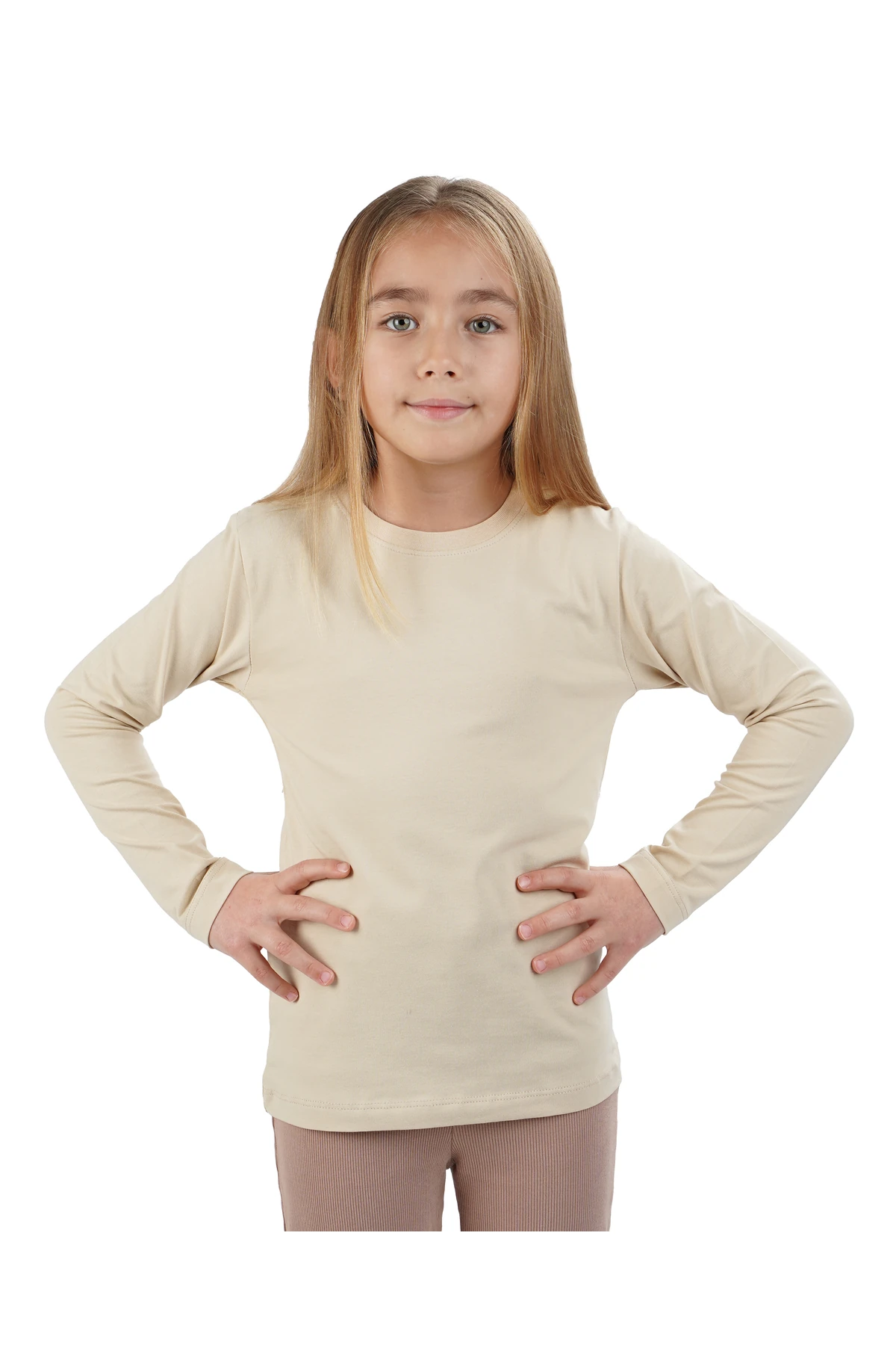 Unisex Kız Ve Erkek Çocuk Badi Bisiklet Yaka Uzun Kol Bej Tişört - bej