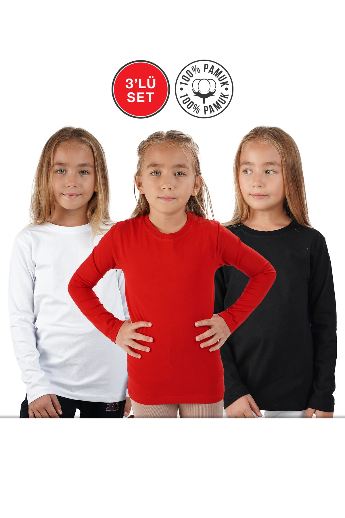 Siyah Beyaz ve Kırmızı Basic Uzunkol Mevsimlik 3 lü Badi (Kız ve Erkek)