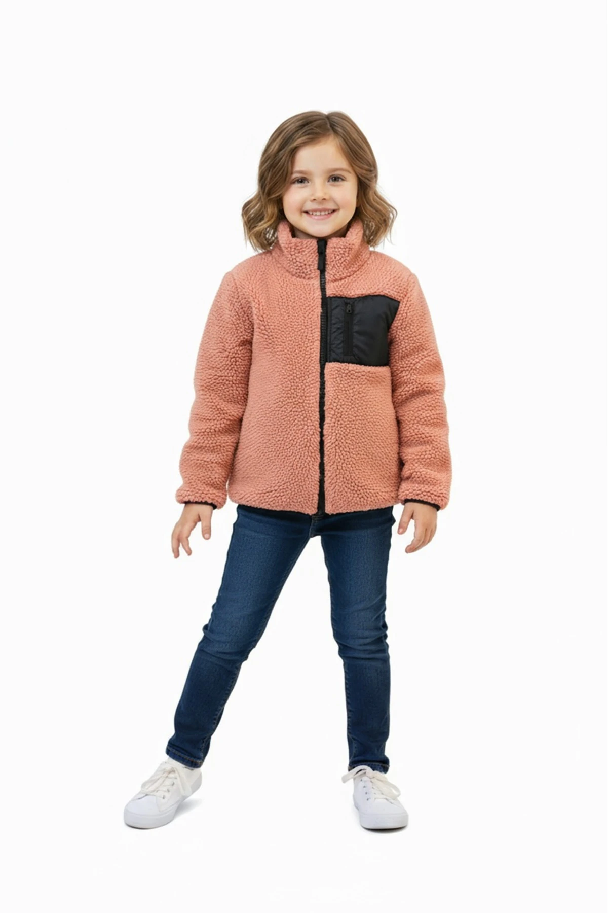 WELSOFT PELUŞ FERMUARLI KIŞLIK KIZ VE ERKEK ÇOCUK YELEK HIRKA (TAM KALIP ) - koyu pudra