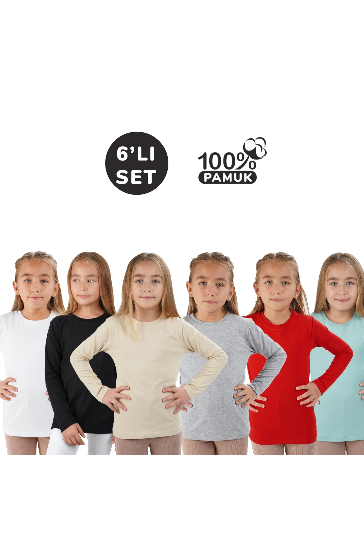 6 lı Set Uzunkol Bisiklet Yaka Mevsimlik Pamuk Tişört Badi (Beyaz  Siyah Bej Çağla Kırmızı Gri)