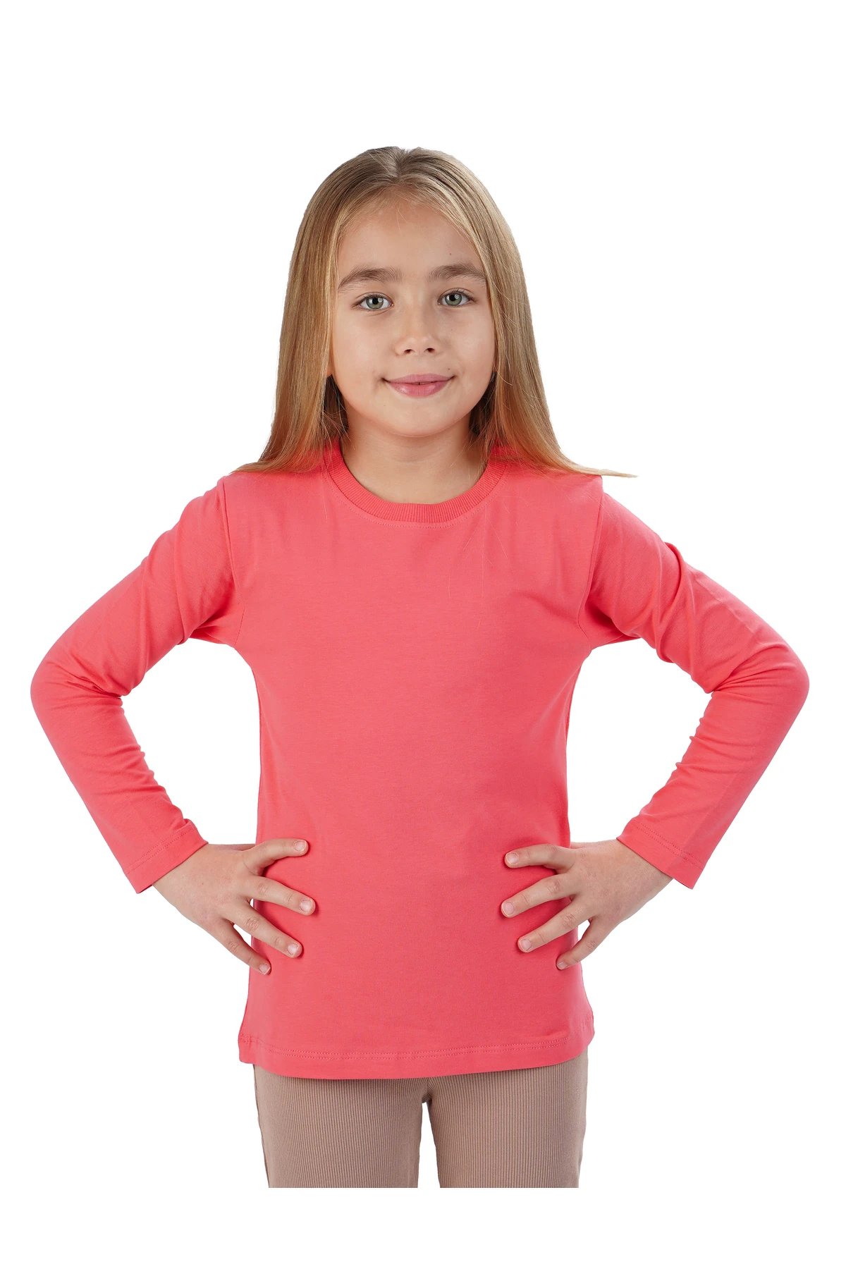 Unisex Kız Ve Erkek Çocuk Badi Bisiklet Yaka Uzun Kol Bej Tişört - nar çiçeği