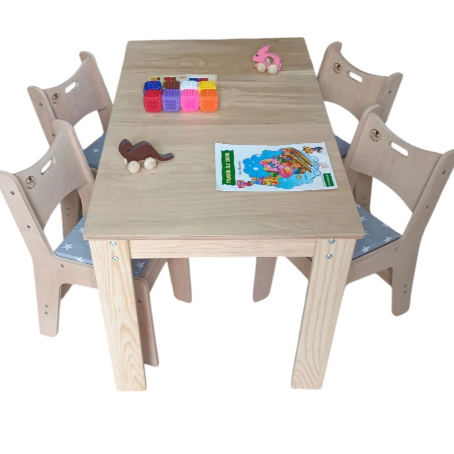 Ahşap Anaokulu Masası + 4 ergonomik sandalye minderli