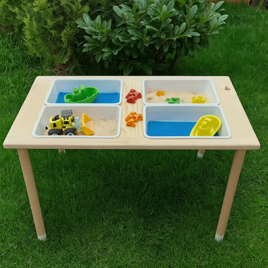 Ahşap Kum ve Su Masası – 4 Bölmeli Duyu Masası