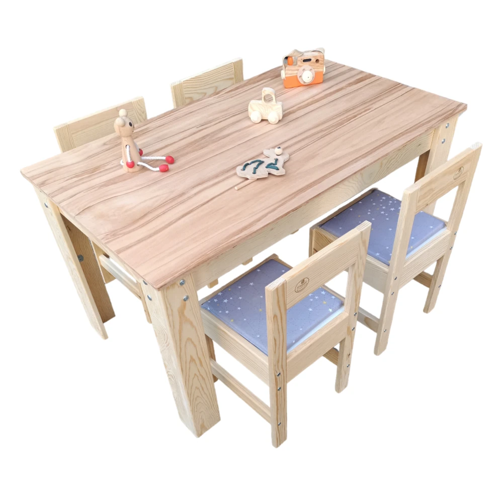Ahşap Anaokulu Kreş Çocuk Çalışma Masası 4 Sandalyeli