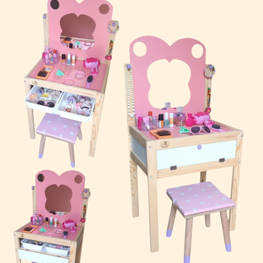 Ahşap Çocuk Güzellik Makyaj Masası Tabureli