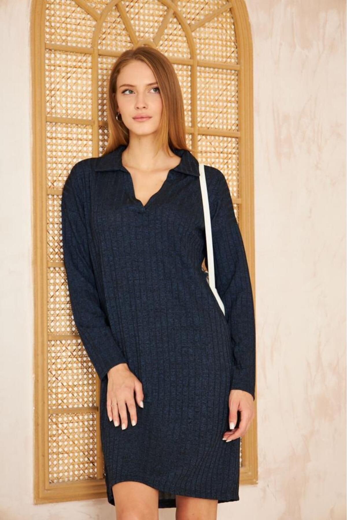 Kadın Polo Yaka Midi Uzun Kollu Simli Fitilli Spor Triko Elbise Yb2988210