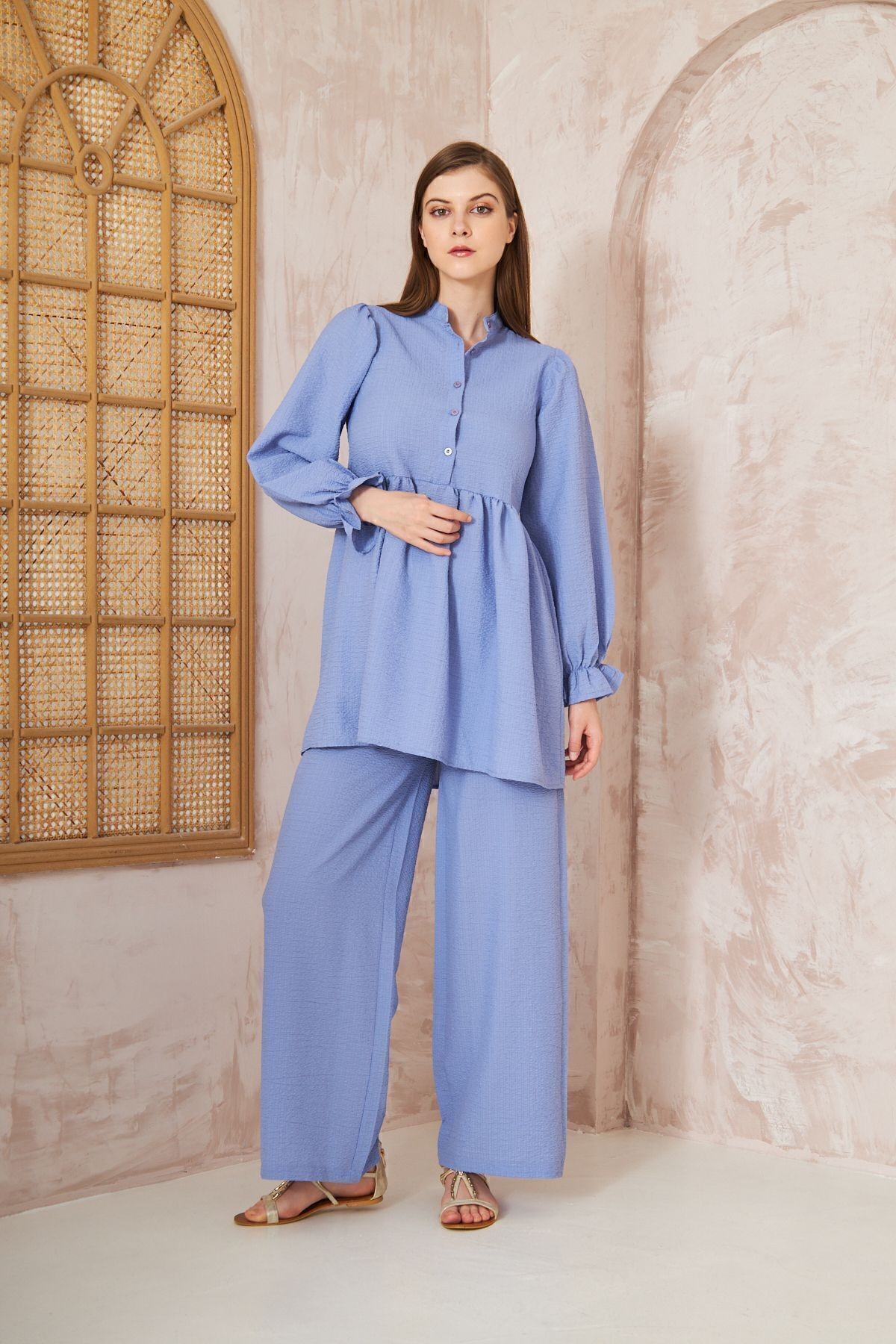 Kadın Bebe Mavi Gofre Balon Kol Büzgülü Tunik / Beli Lastikli Cepli Pantolon Tesettür Takım 3531360
