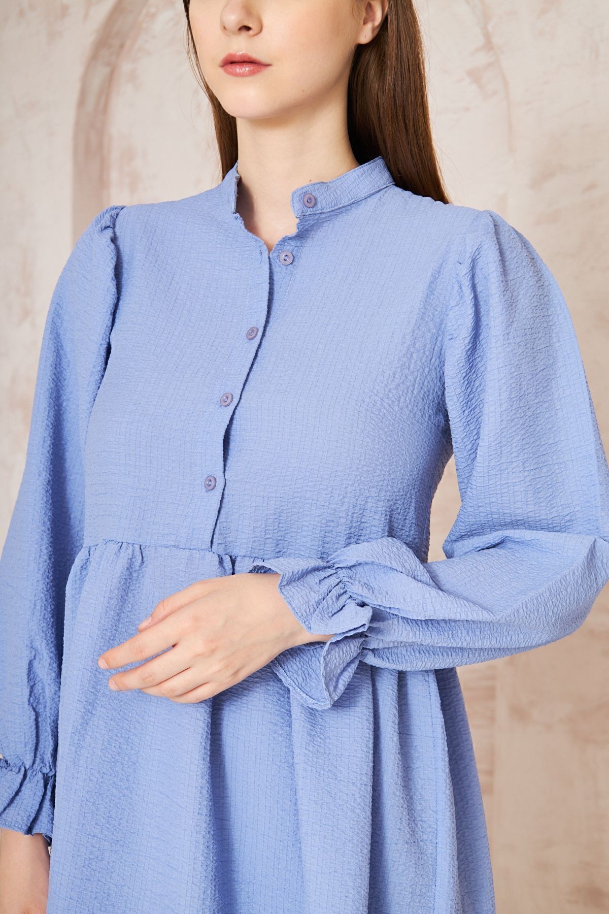 Kadın Bebe Mavi Gofre Balon Kol Büzgülü Tunik / Beli Lastikli Cepli Pantolon Tesettür Takım 3531360