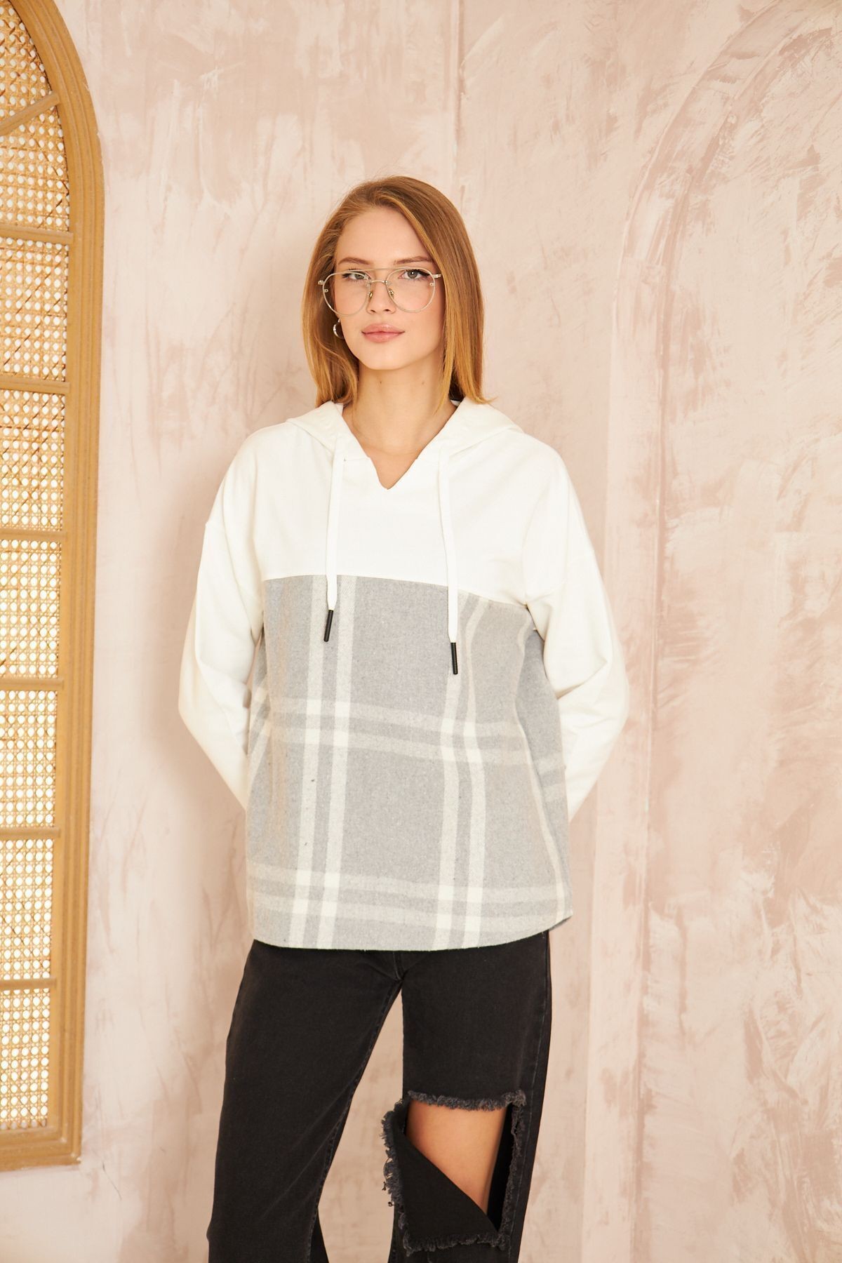 Kadın Kapüşonlu Oduncu Ekose Desenli Garnili Rahat Kesim Salaş Sweatshirt 3565210