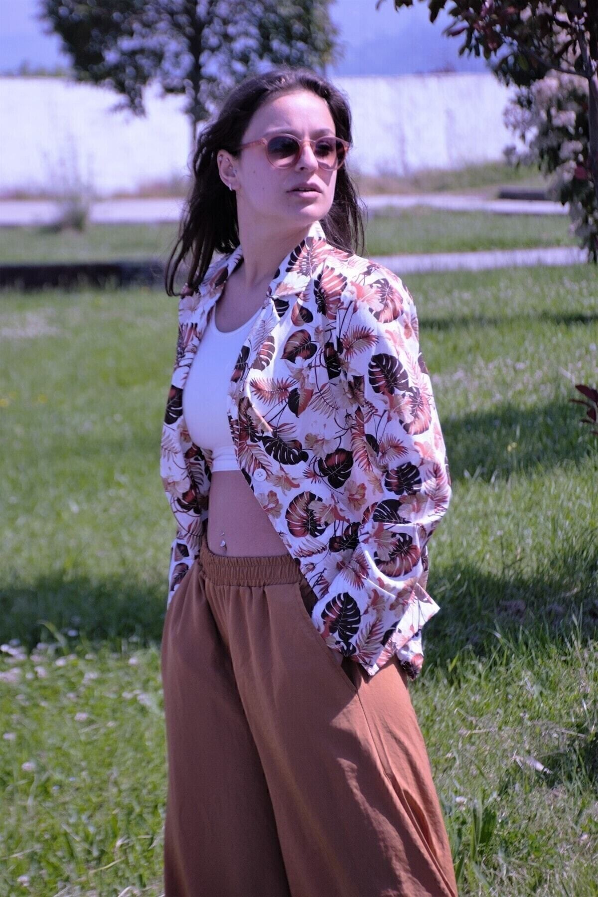 Kadın Bol Kesim Keten Oversize Rahat Ceket Kahverengi 3371200