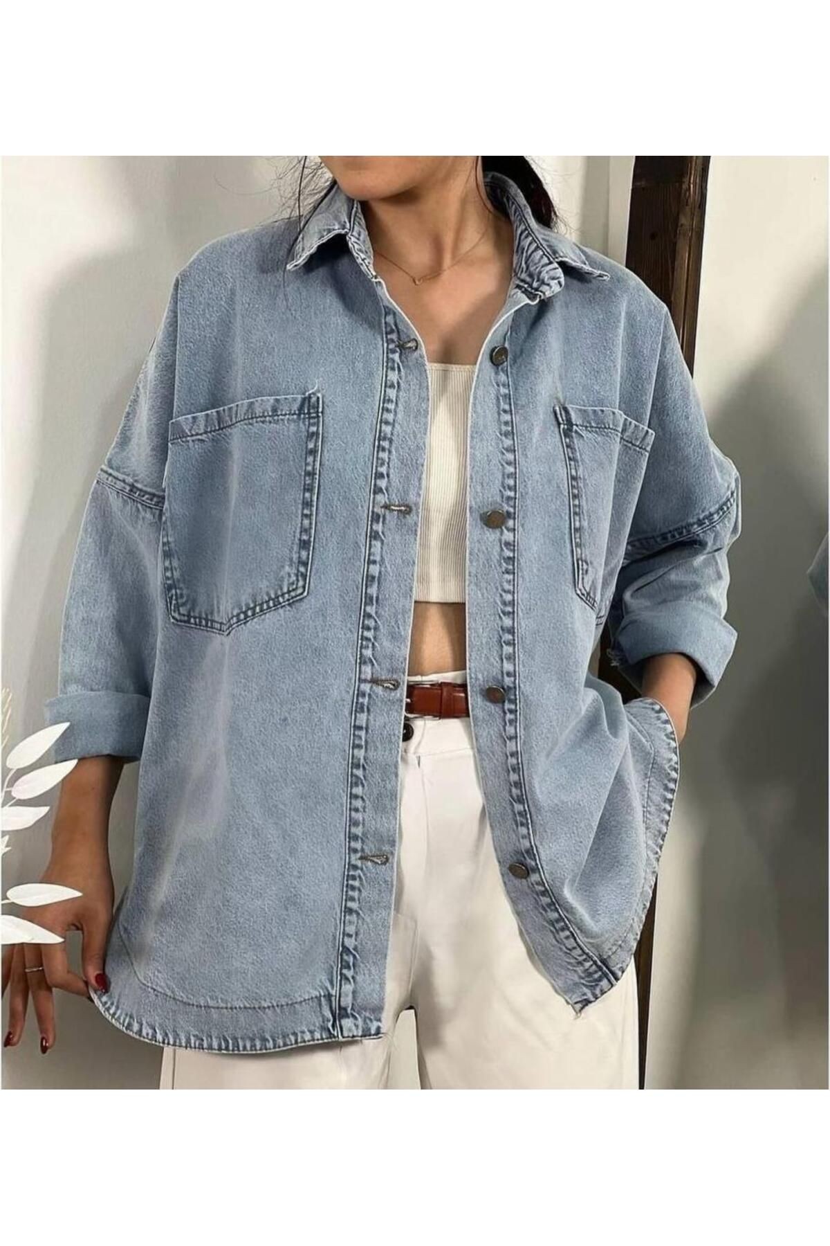 Oversize Cepli Düğmeli Denim Kot Ceket Gömlek Kt089400