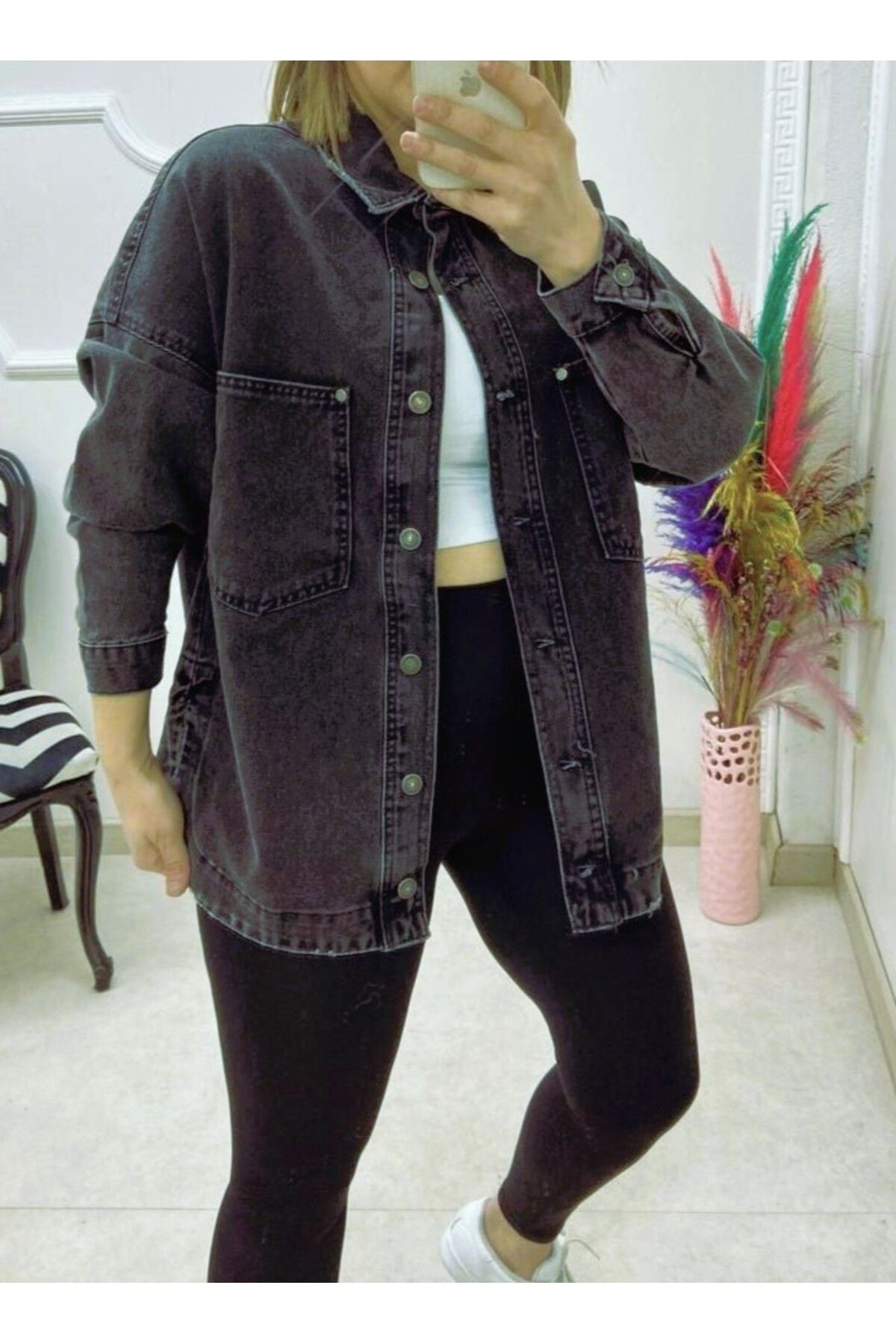 Oversize Cepli Düğmeli Denim Kot Ceket Gömlek Kt089400 - siyah