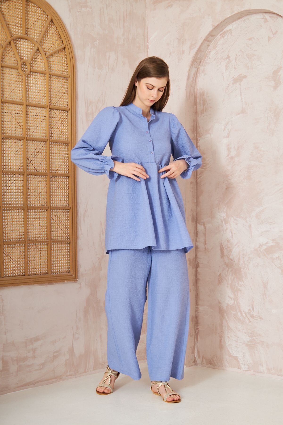 Kadın Bebe Mavi Gofre Balon Kol Büzgülü Tunik / Beli Lastikli Cepli Pantolon Tesettür Takım 3531360