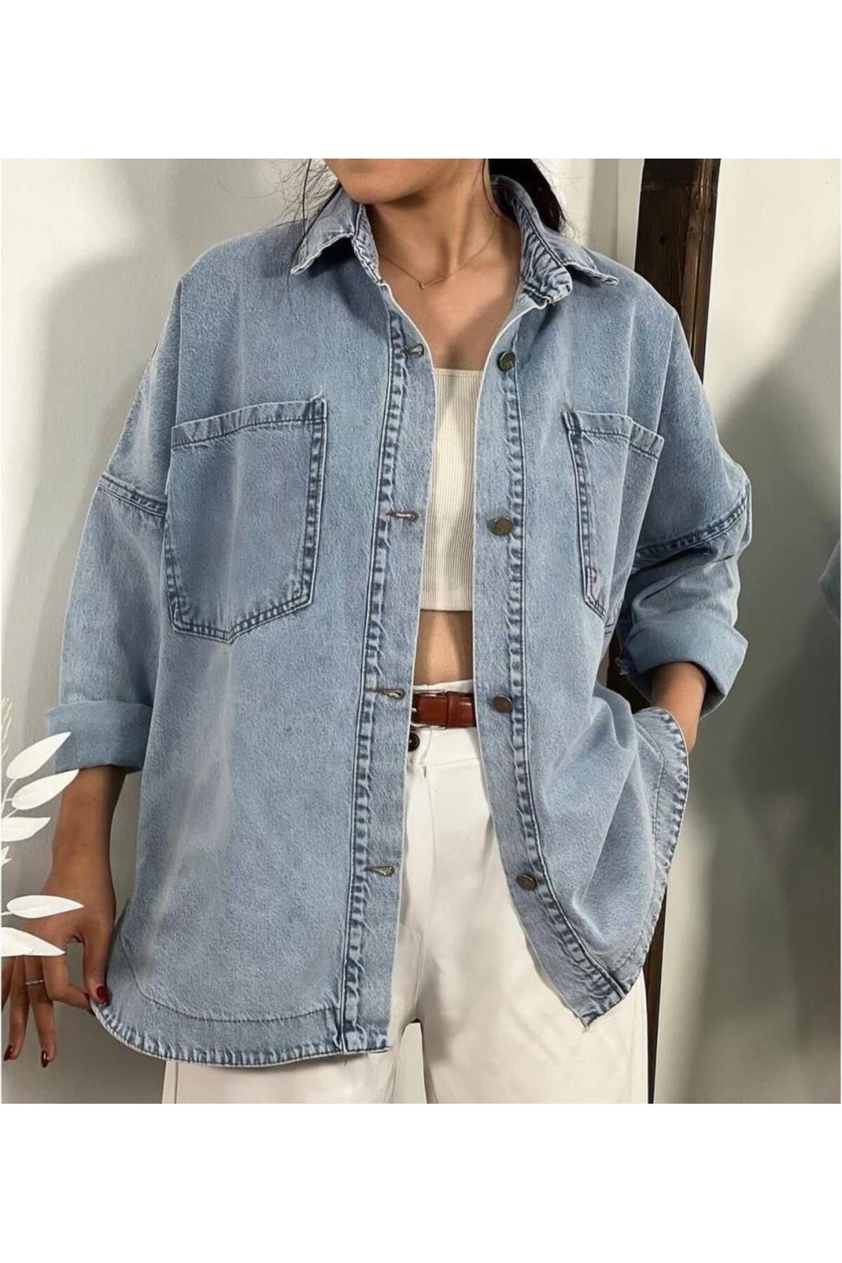 Oversize Cepli Düğmeli Denim Kot Ceket Gömlek Kt089400