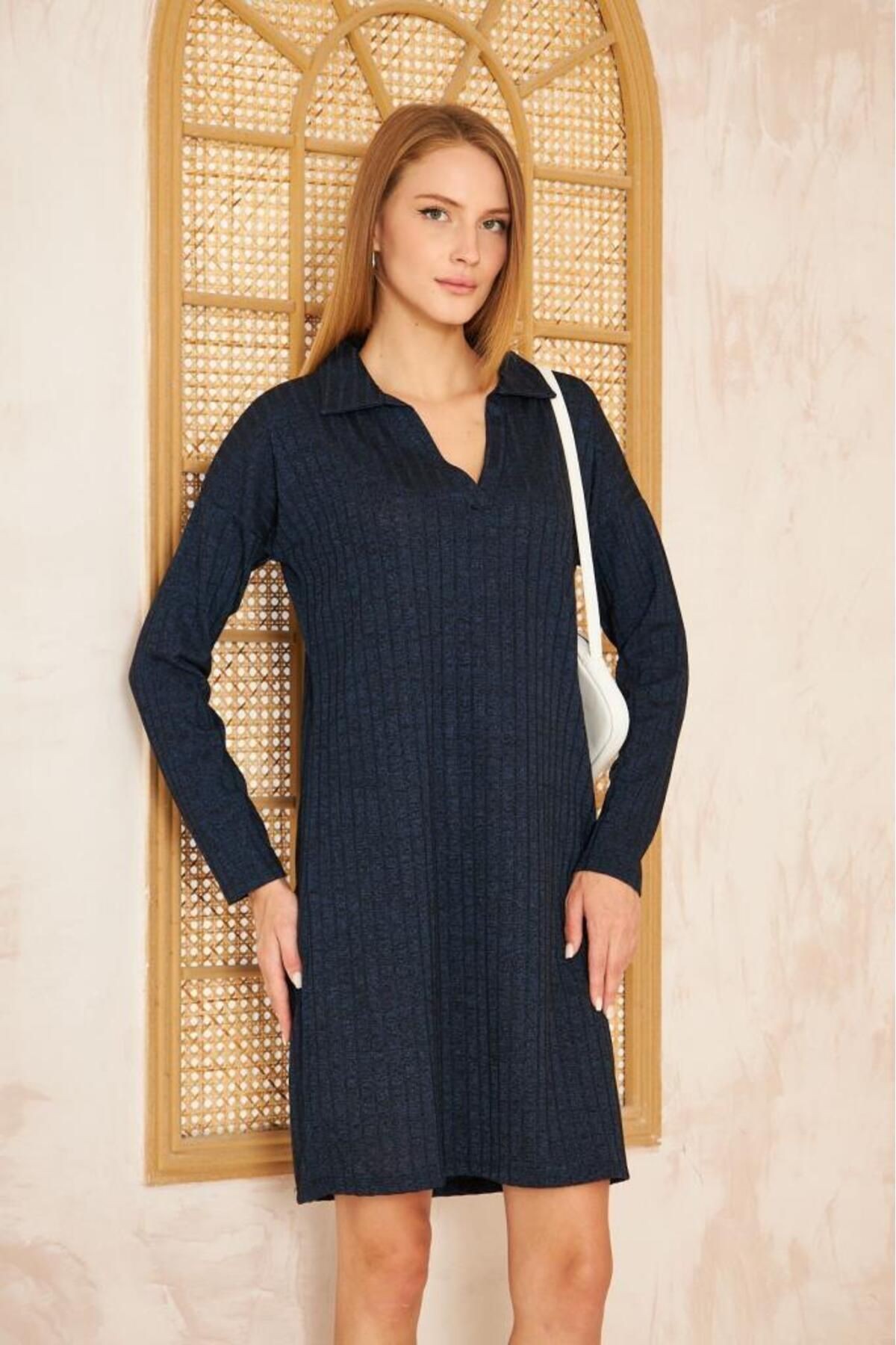 Kadın Polo Yaka Midi Uzun Kollu Simli Fitilli Spor Triko Elbise Yb2988210