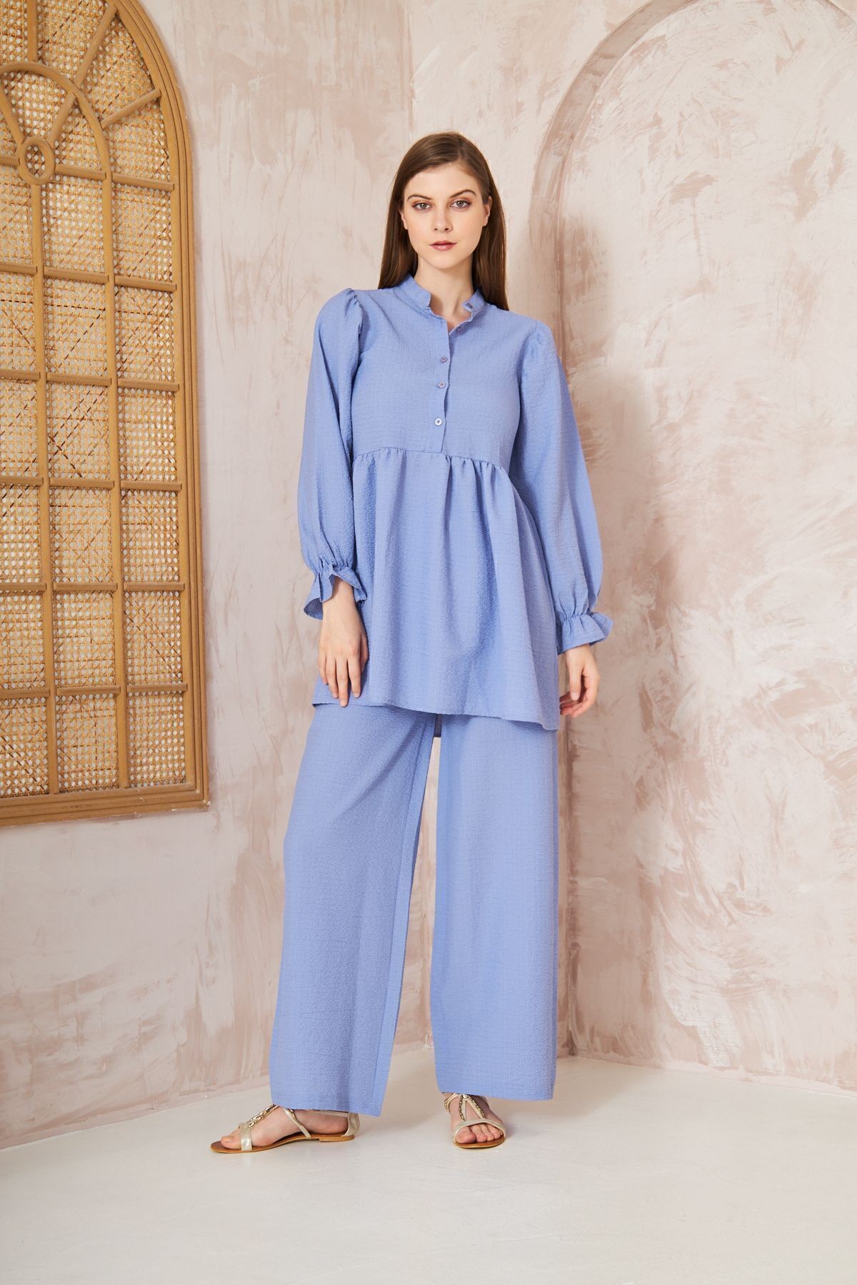 Kadın Bebe Mavi Gofre Balon Kol Büzgülü Tunik / Beli Lastikli Cepli Pantolon Tesettür Takım 3531360