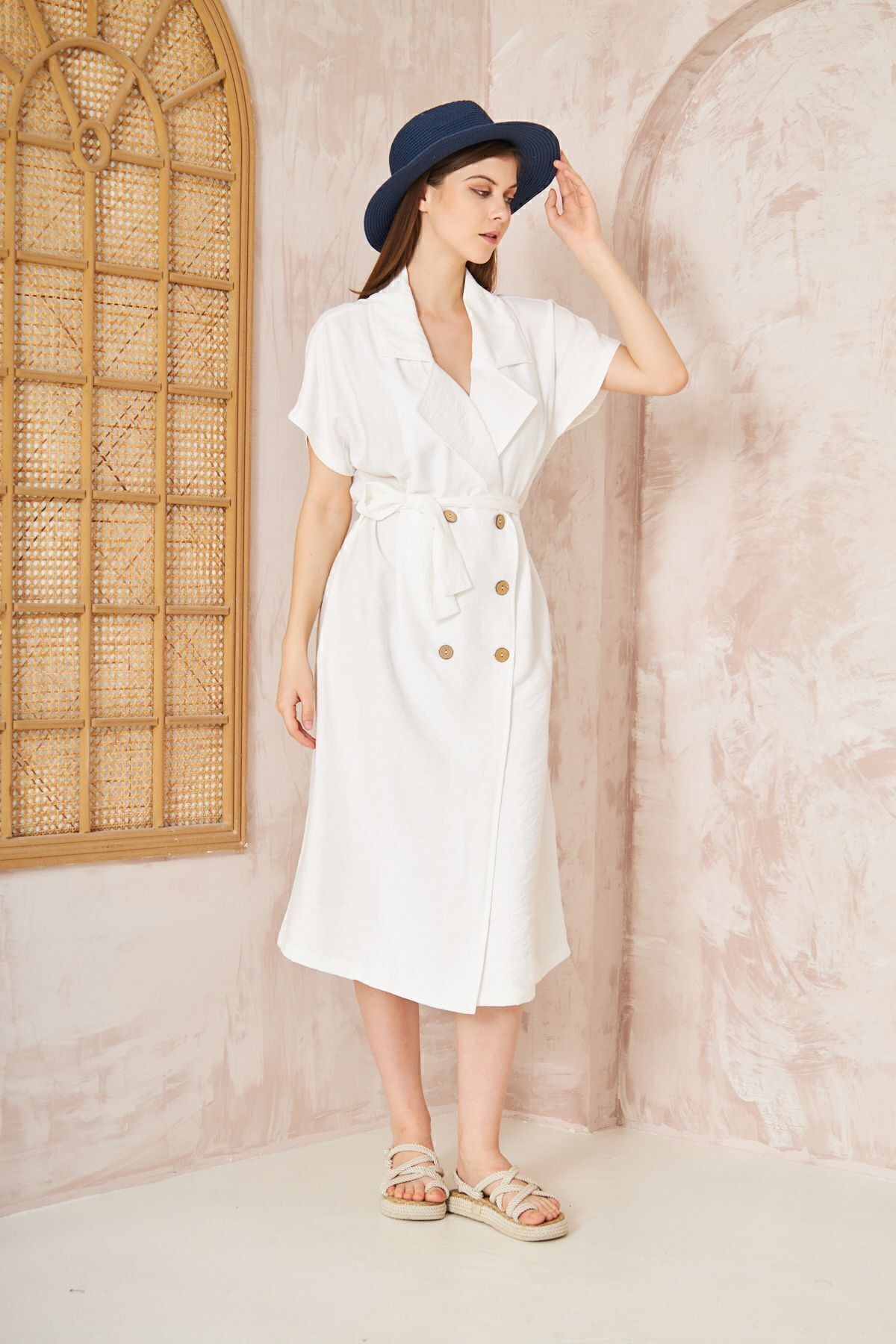 Kadın Keten Beyaz Oversize Geniş Kesim /salaş /uzun Kısa Kollu Yazlık Ceket Elbise 3162400
