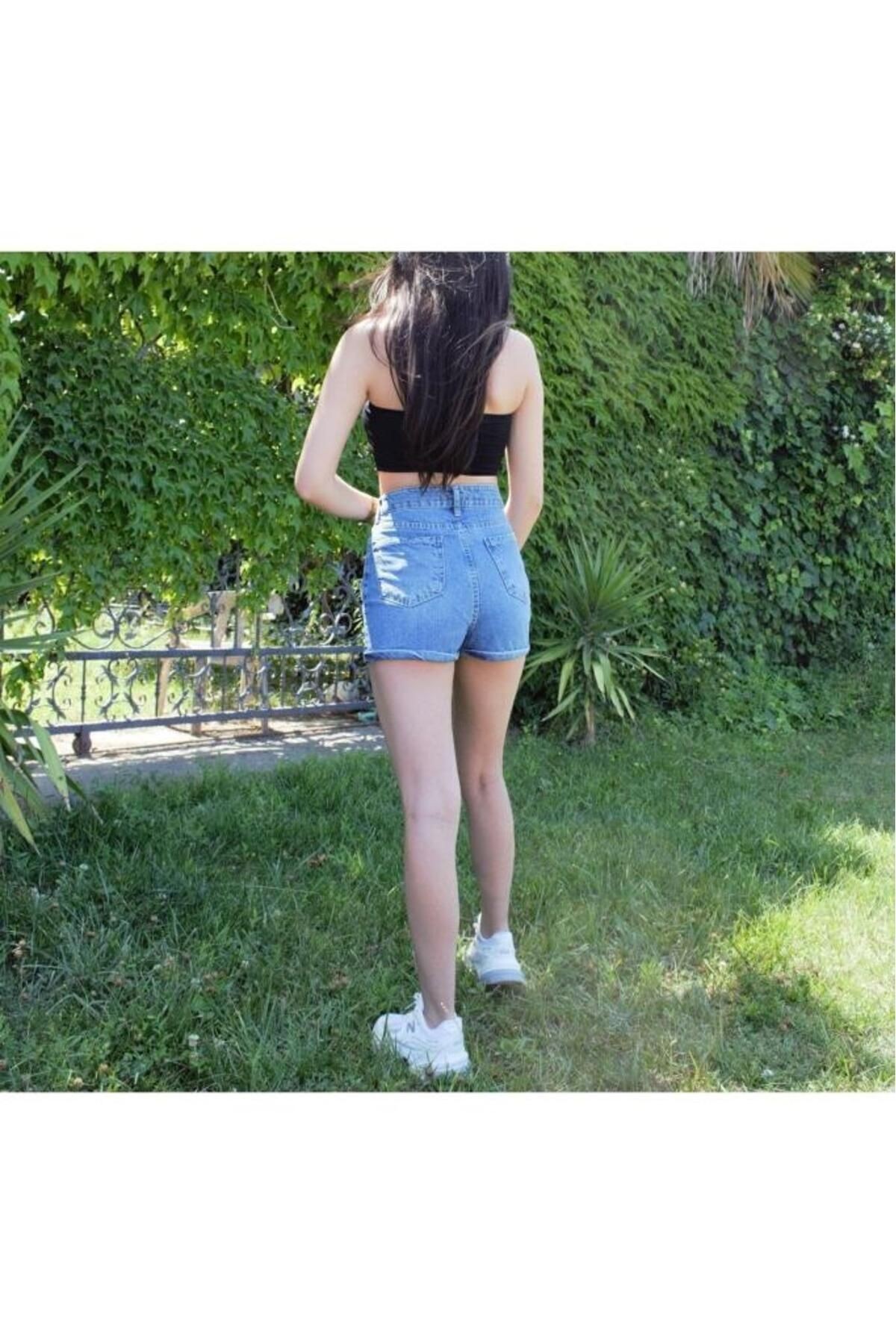 Kadın Denim Kot Kar Yıkama Taşlanmış Buz Mavisi Şort Kt0049-170