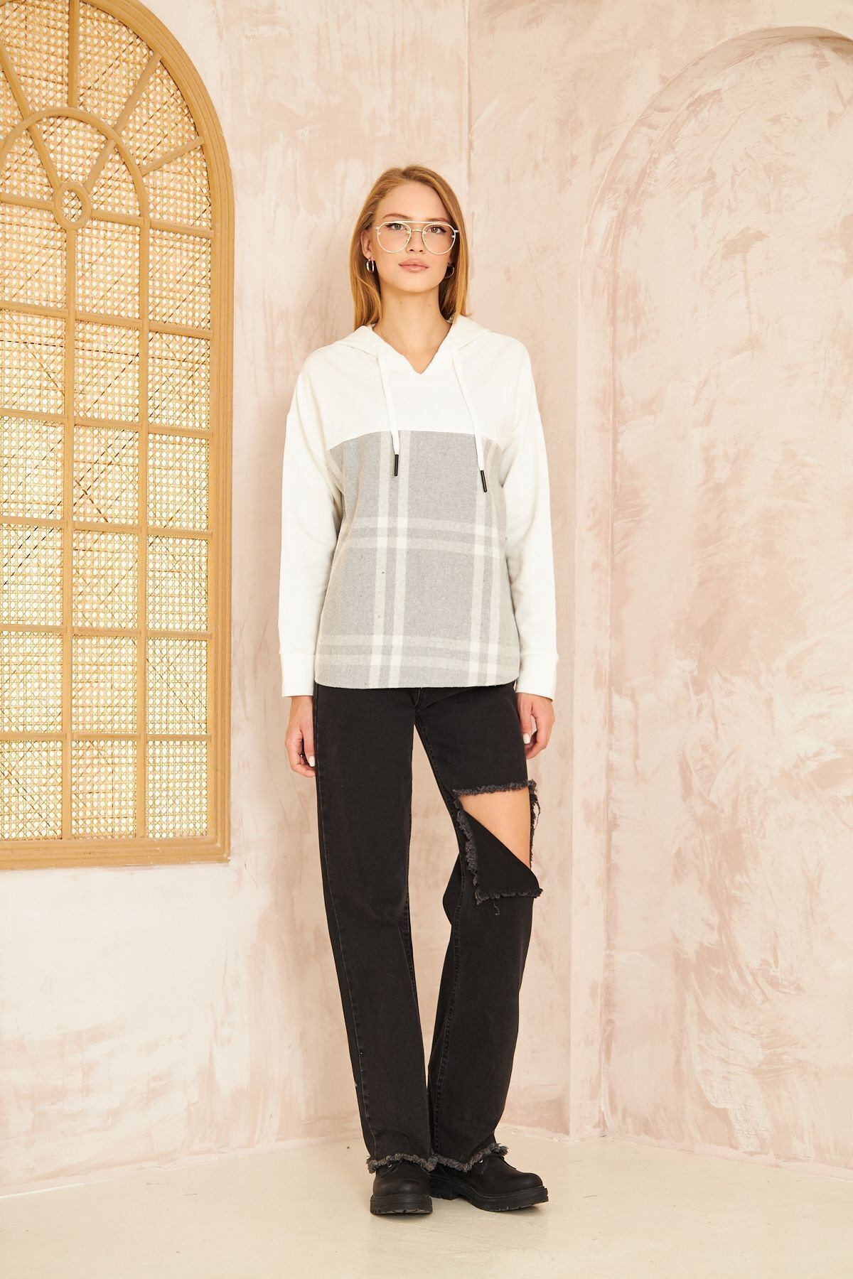 Kadın Kapüşonlu Oduncu Ekose Desenli Garnili Rahat Kesim Salaş Sweatshirt 3565210
