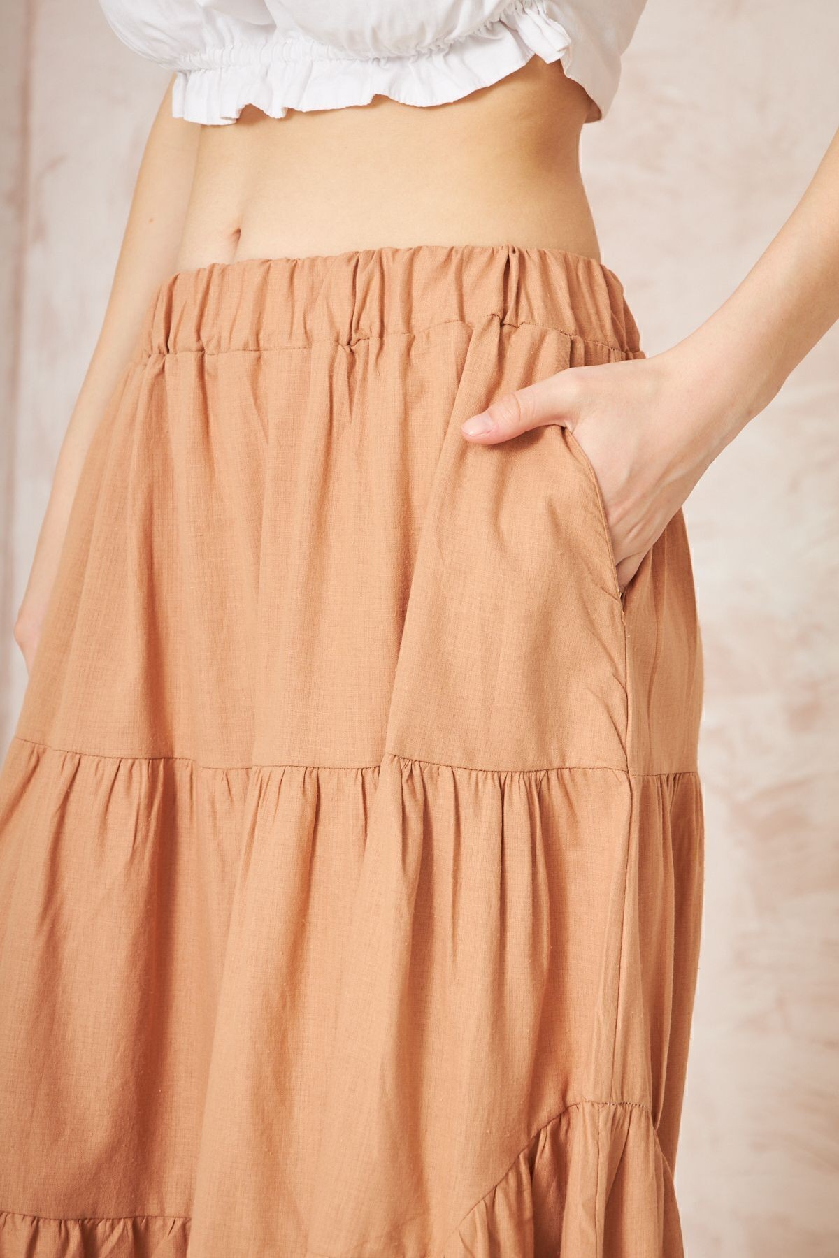 Kadın Camel Cepli Asimetrik Kesim Fırfırlı Beli Lastikli Kloş 3 Kat Salaş Spor Etek 3574260