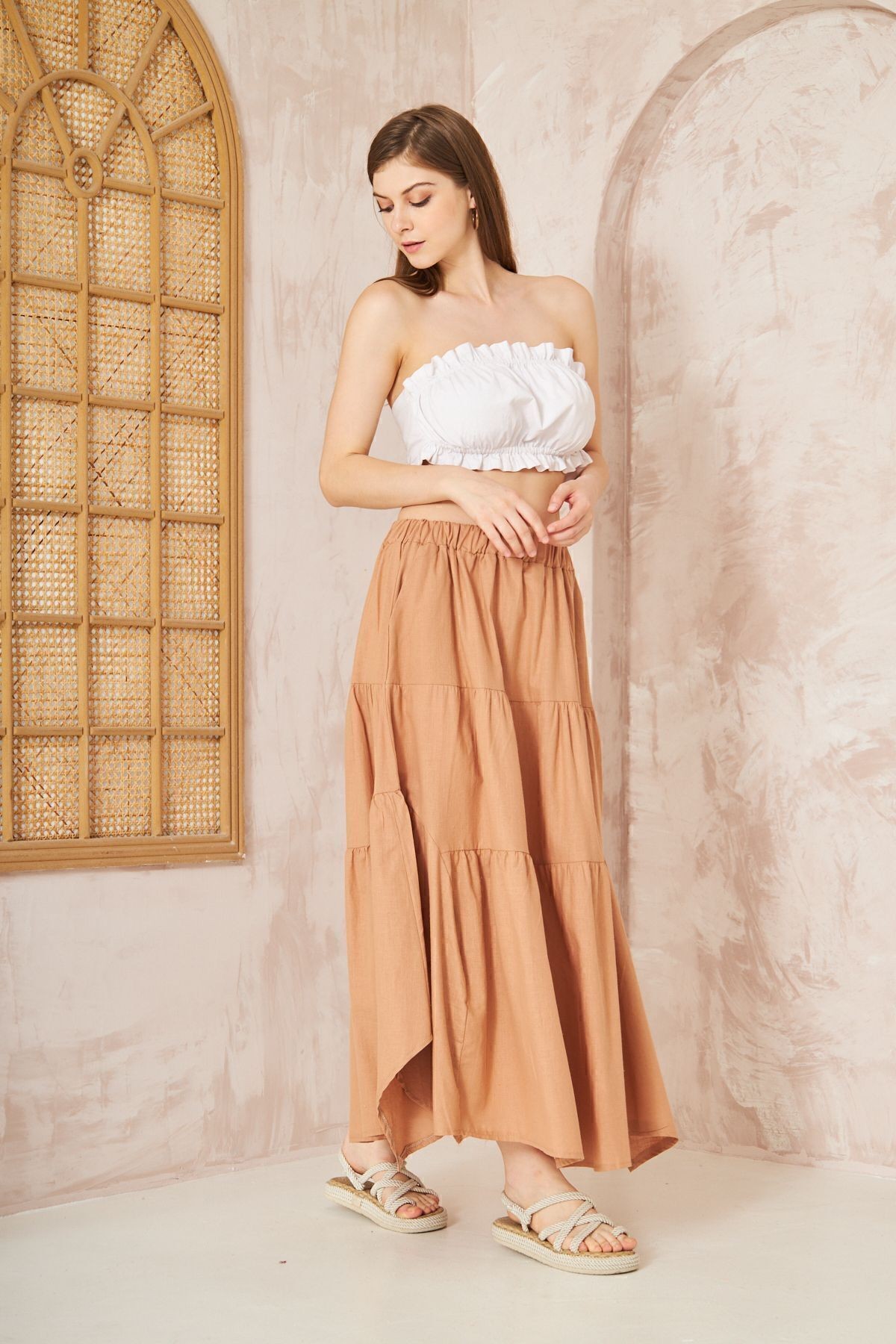 Kadın Camel Cepli Asimetrik Kesim Fırfırlı Beli Lastikli Kloş 3 Kat Salaş Spor Etek 3574260