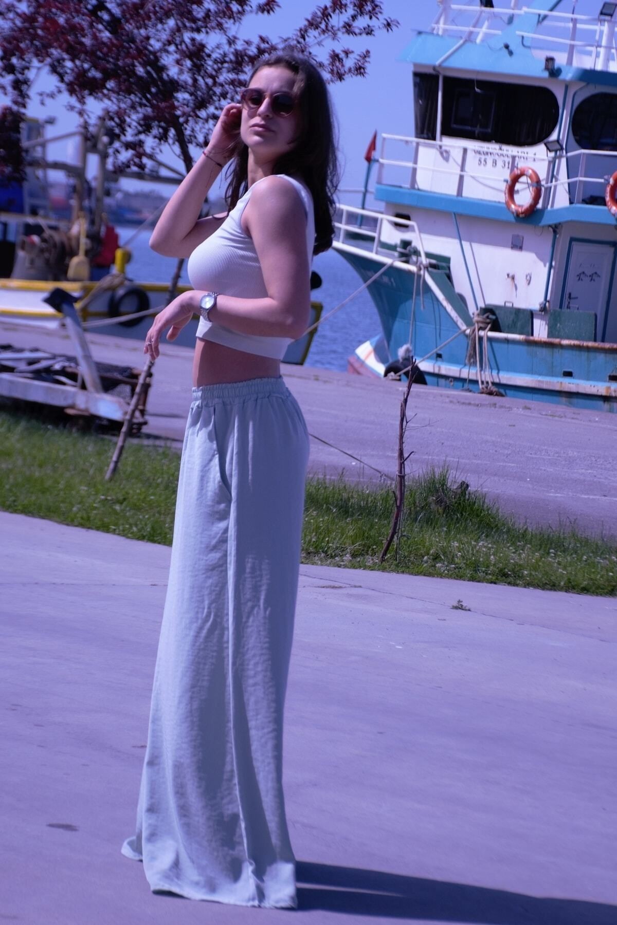 Kadın Su Yeşili Mint Beli Lastikli Iki Cepli Bol Paça Salaş Oversize Yazlık Pantolon 3391