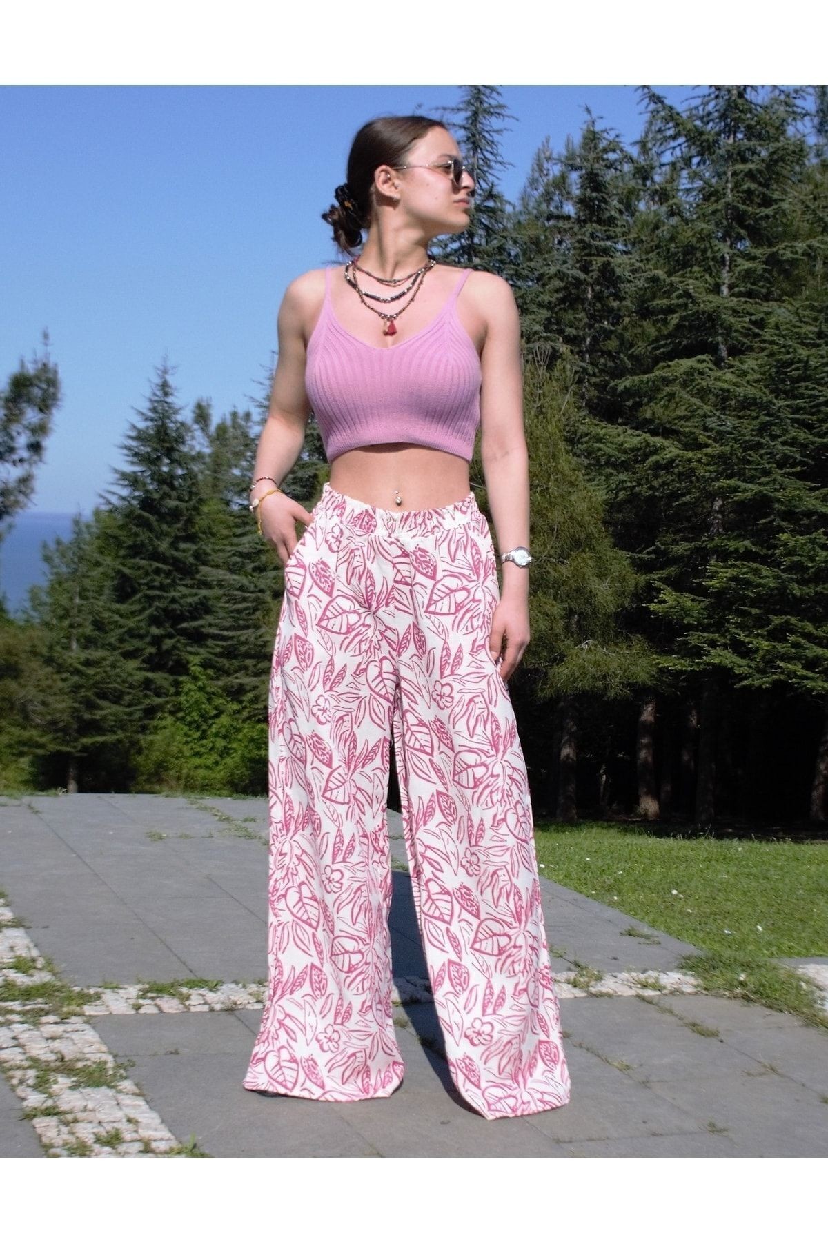 Kadın 3369140 Keten Siyah Beyaz Desenli Beli Lastikli Cepli Bol Paça Oversize Salaş Yazlık Pantolon