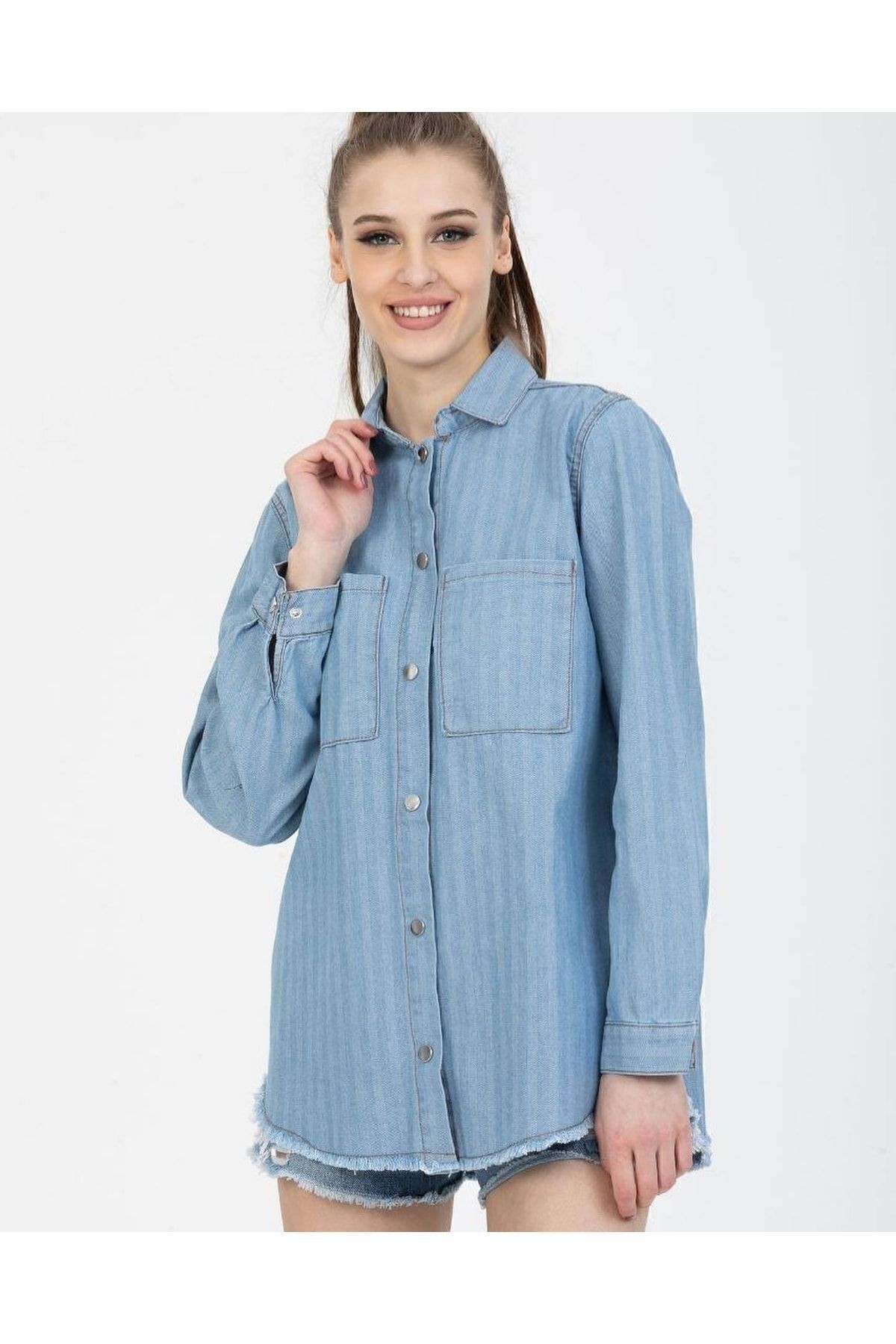 Giyim Buz Mavi Kadın Denim Kot Gömlek Püskül Detaylı Çıtçıtlı Iki Cepli 3286320 - açikmavi̇