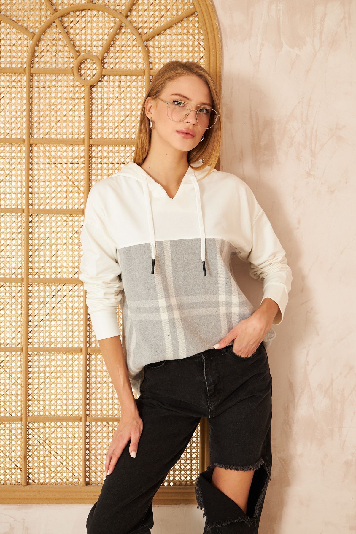 Kadın Kapüşonlu Oduncu Ekose Desenli Garnili Rahat Kesim Salaş Sweatshirt 3565210