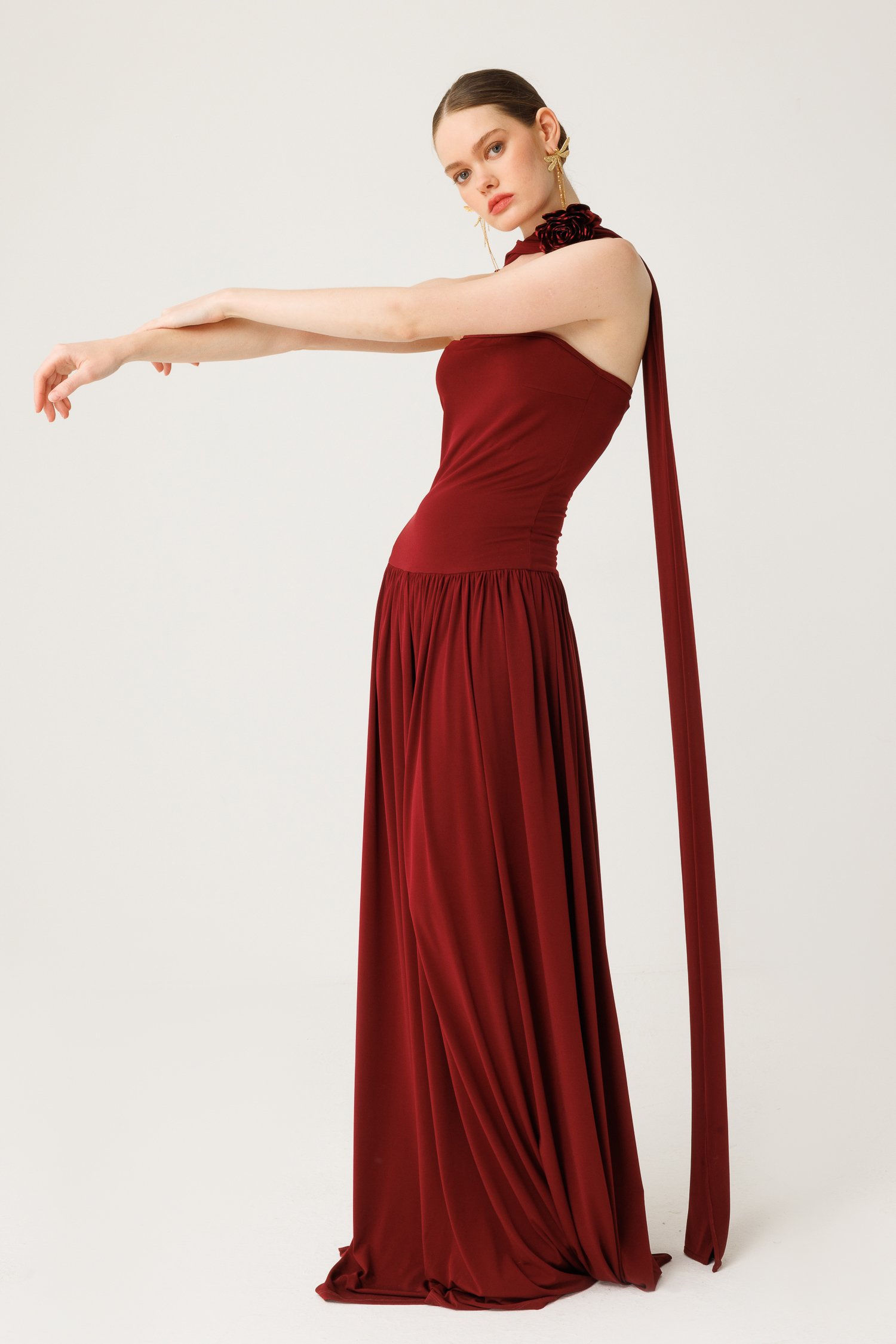 Bordo Straplez Elbise