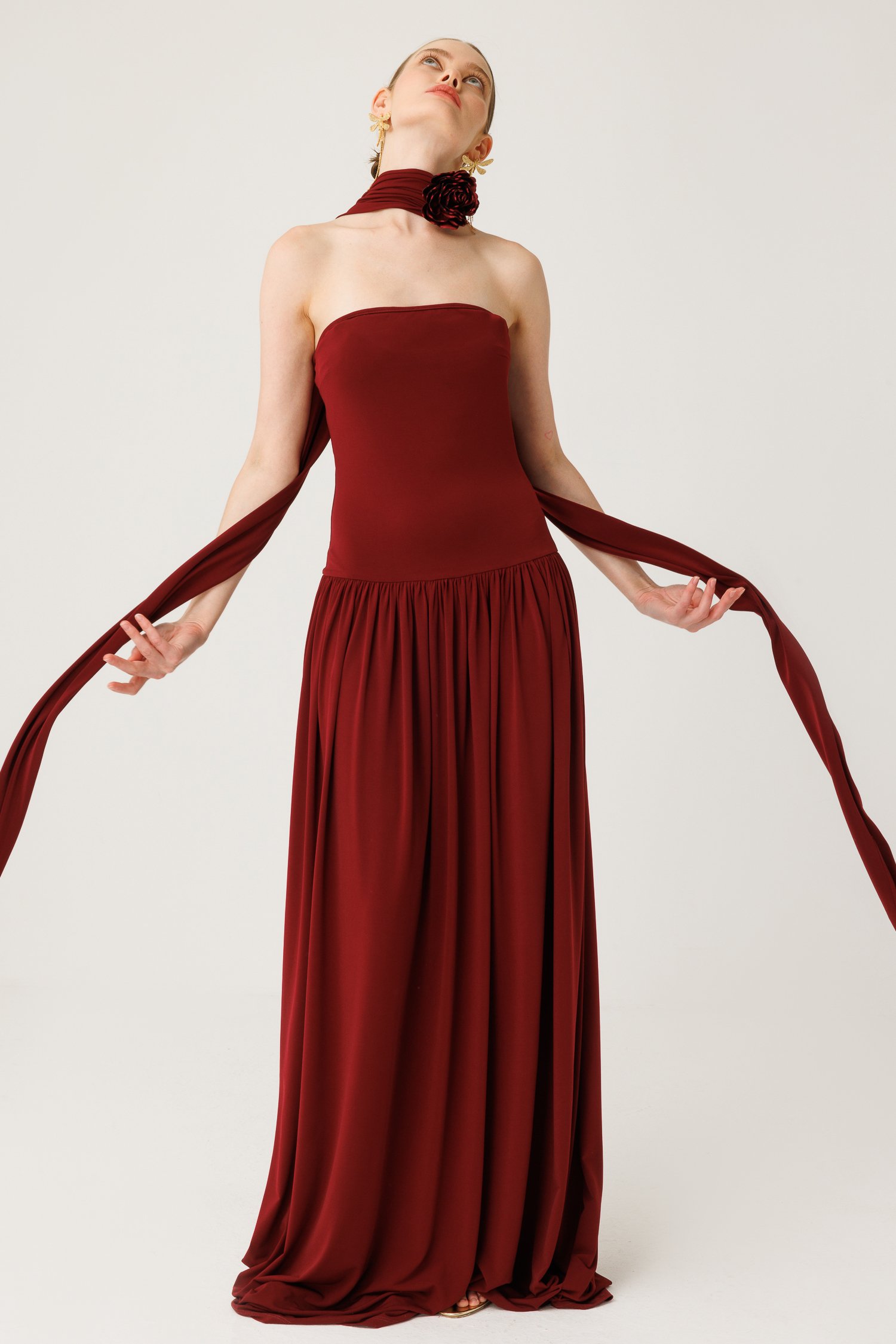 Bordo Straplez Elbise