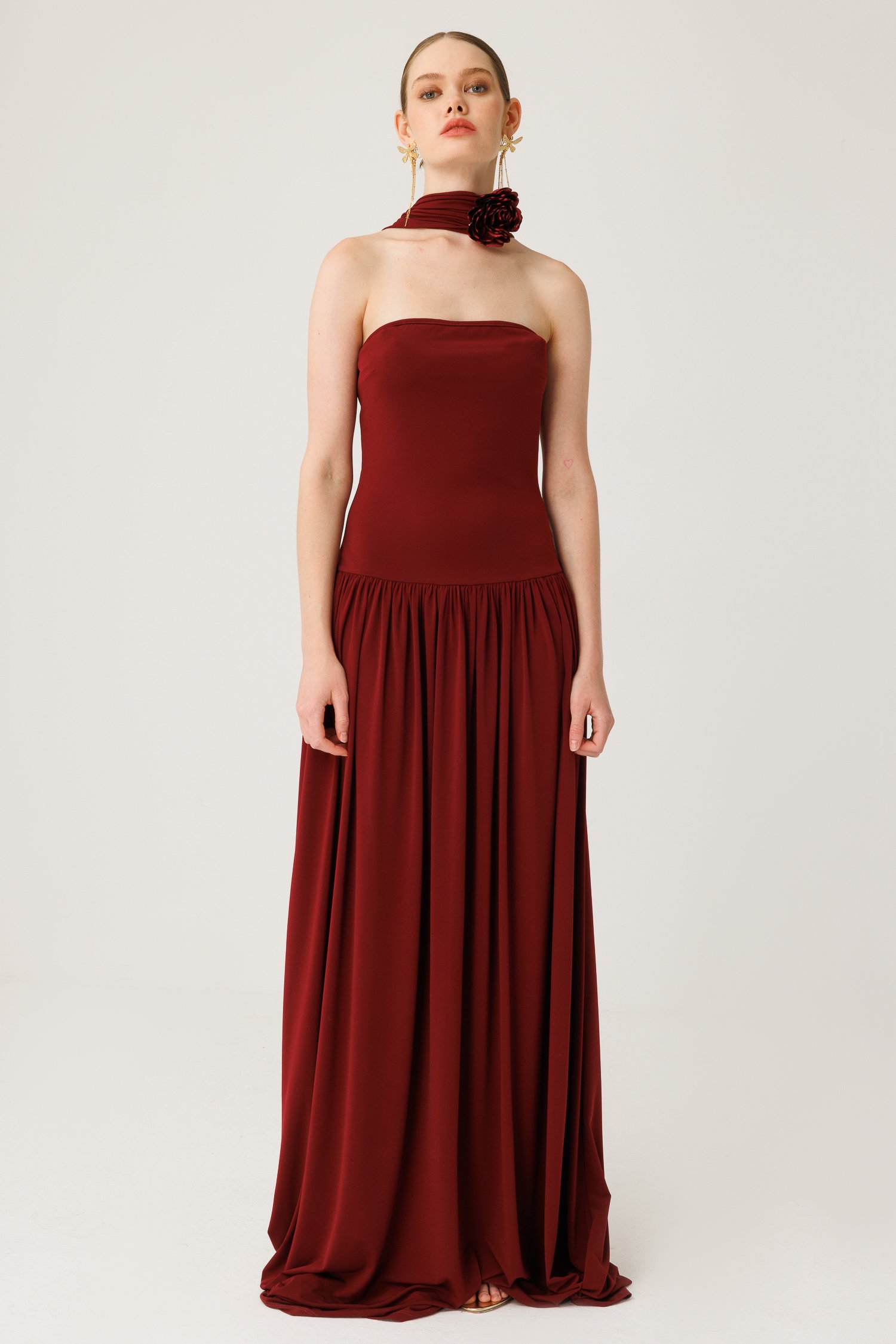 Bordo Straplez Elbise