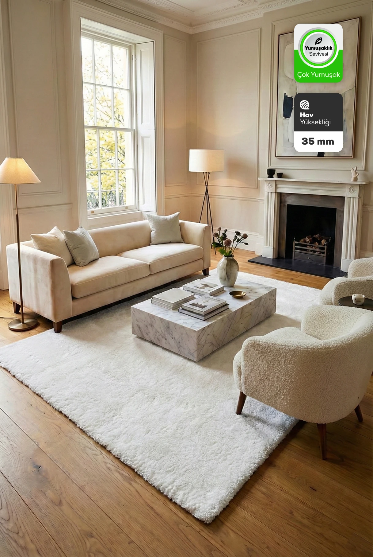 Krem Tavşan Tüyü Yumuşak Kaymaz Özel Taban Peluş Halı Yolluk