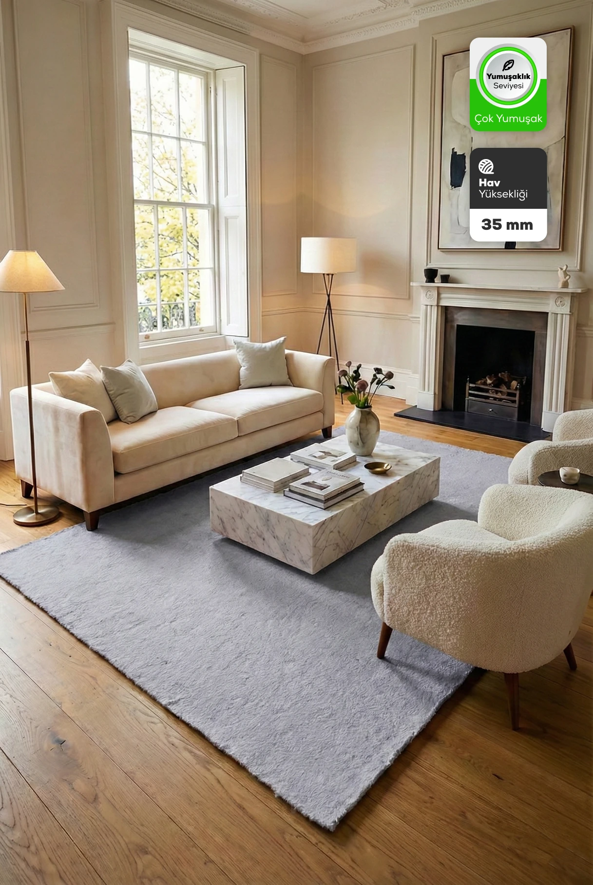 Gümüş Tavşan Tüyü Yumuşak Kaymaz Özel Taban Peluş Halı Yolluk