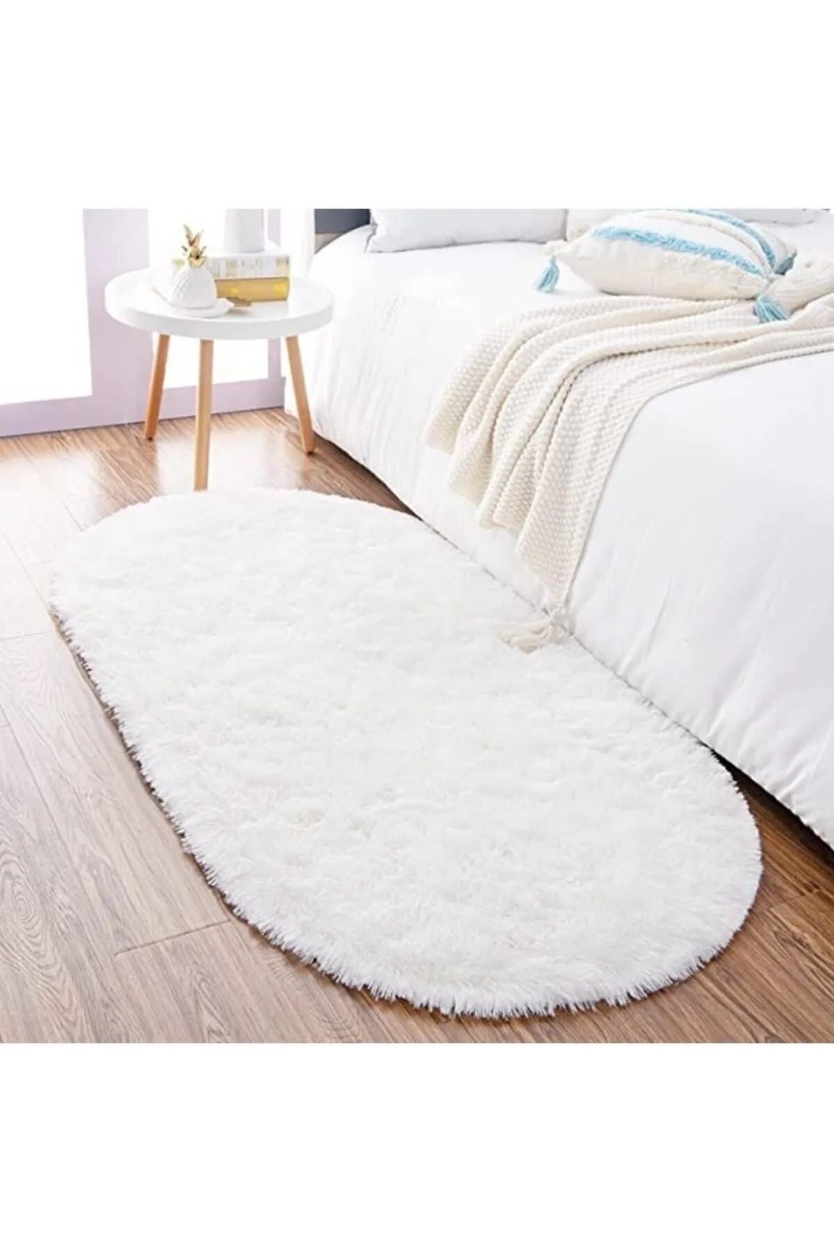 Oval Kesme Yolluk Kaymaz Taban Kalın Yumuşak Peluş Halı Özel Taban Beyaz